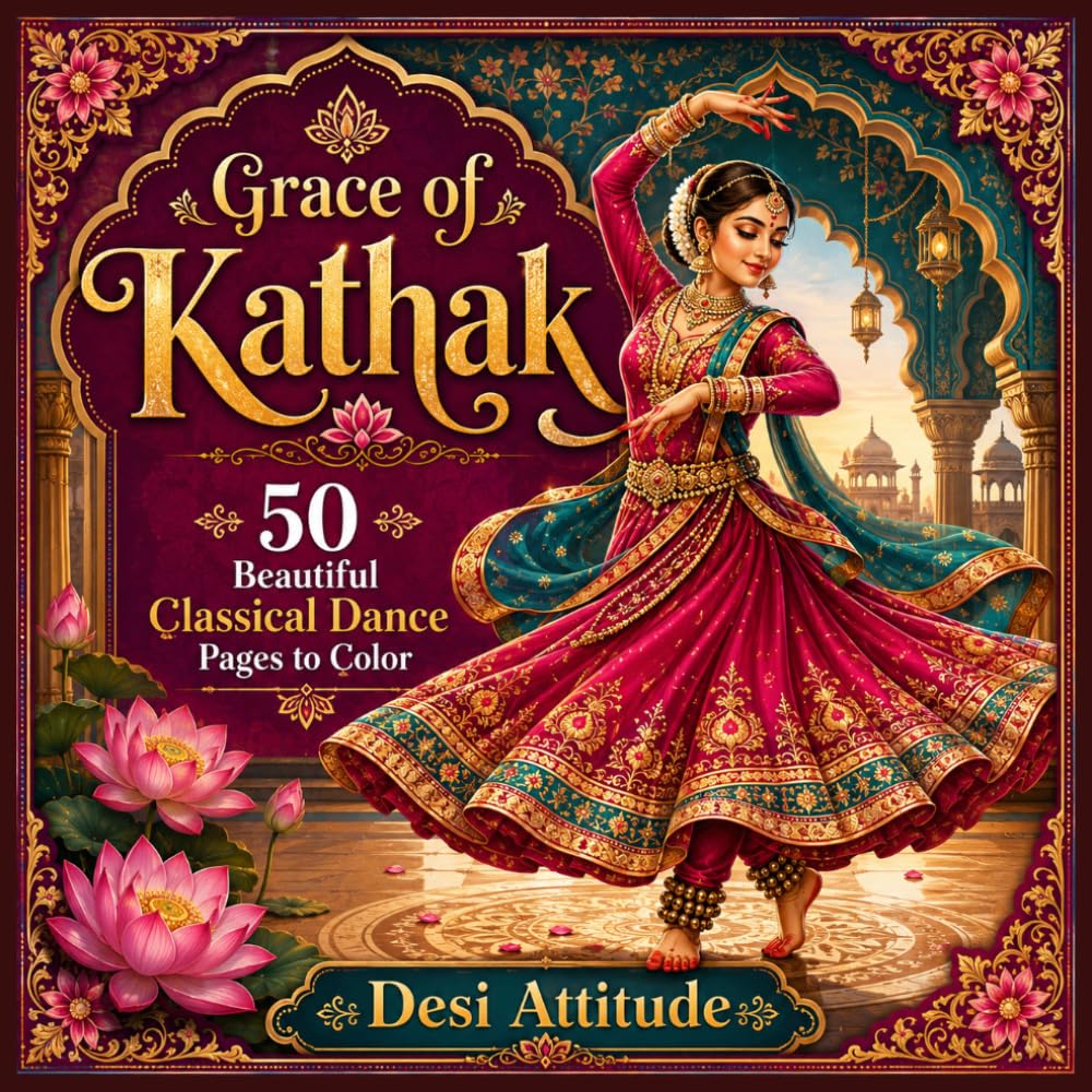 Grace of Kathak Coloring Book | 50 Beautiful Indian Classical Dance Coloring Pages Featuring Graceful Dancers, Flowing Costumes, Ghungroo, Lotus ... Art (Desi Fashion Girls Coloring Series)