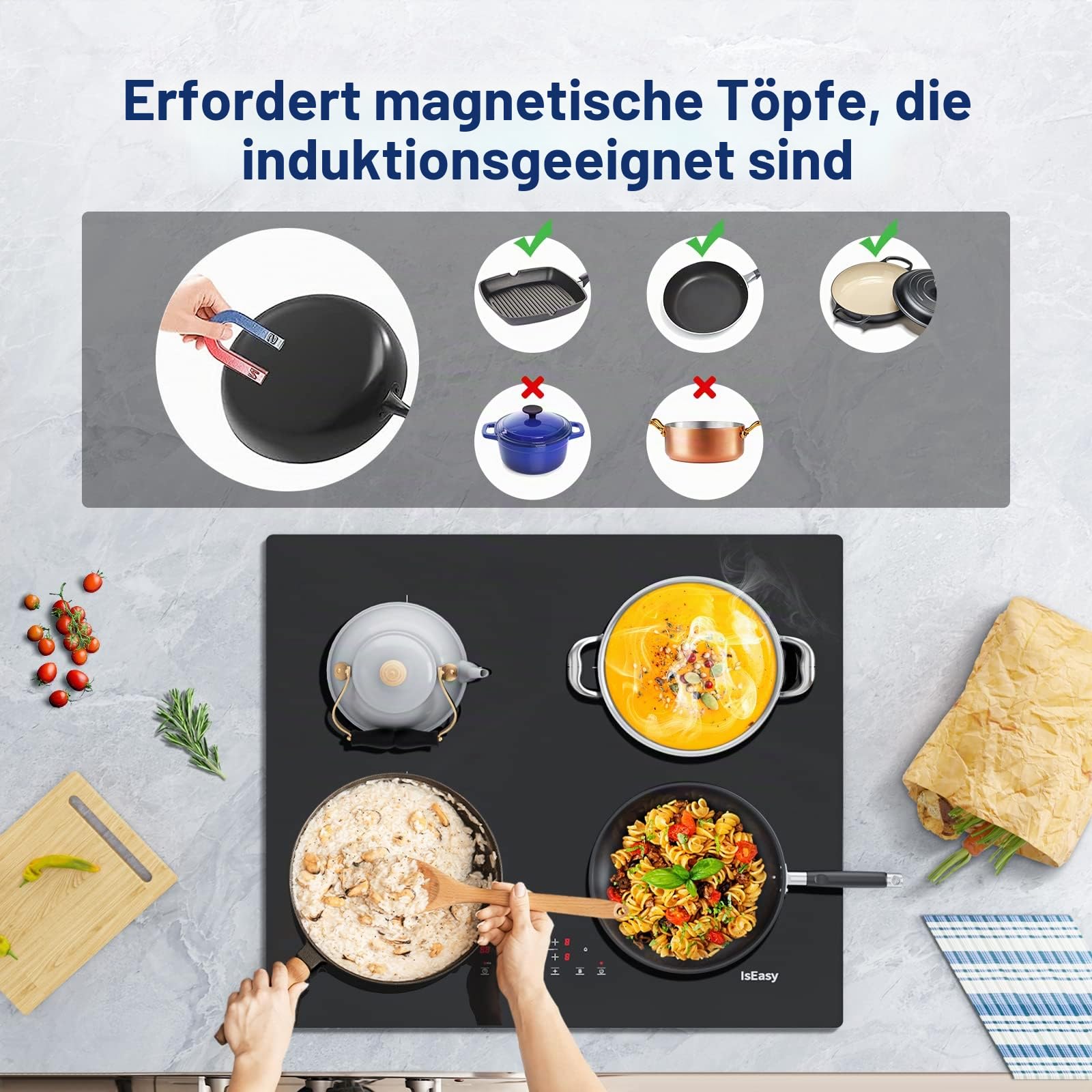 Induktionskochfeld, IsEasy Einbau Induktionskochplatte, 4 Zonen/6800W/60cm, Autark induktionskochfeld mit Berührungssteuerung, Überhitzungsschutz, 9 Heizstufen &1-99Min Timer, Boost-Funktion, Schwarz