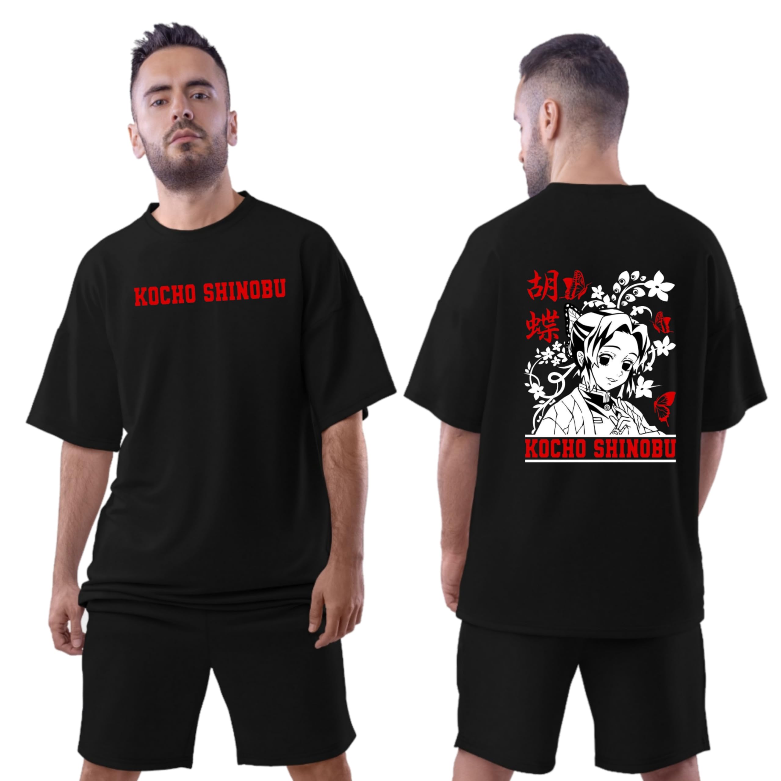 Anime T-Shirts for Men: Oversized Gym Wear with One Piece, Naruto, Gojo, and Sukuna Prints Front and Back Printed Anime Round Neck 100% Cotton Black T-Shirt