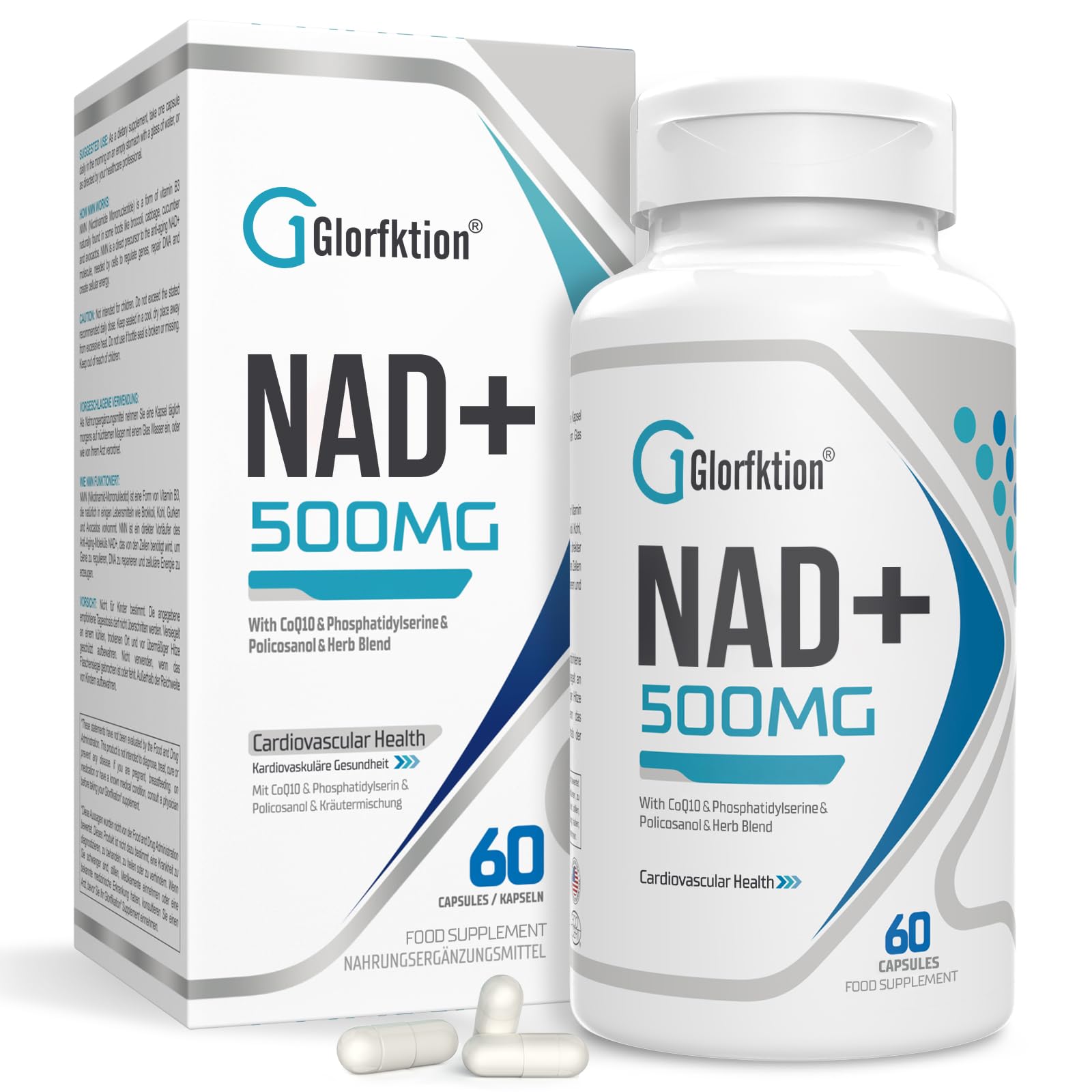 Glorfktion NMN Supplement | 750mg Advanced NMN Contains All 7 Ingredients in 1 Capsule | NMN 500mg with 100mg Coenzyme Q10 to Support Overallhealth | NAD+ Booster for Anti Aging