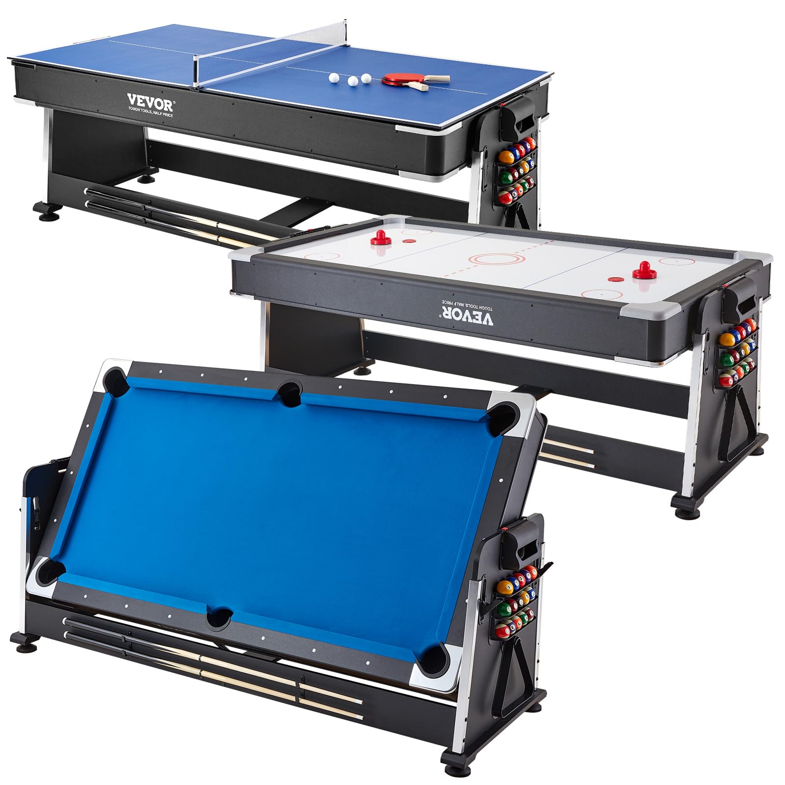 VEVOR 88" 3-in-1 Rotating Swivel Multi Game Table - Pool, Air Hockey, Table Tennis - Blue