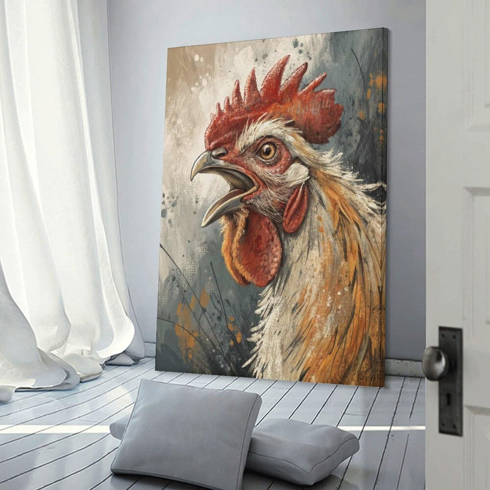 Junmoney Decorative Wall Artwork Rooster Crowing Digital Art, 24x36inch(60x90cm), for Lounge, Bedroom Or Personal Spaces, Gift Idea for Housewarming And Birthdays