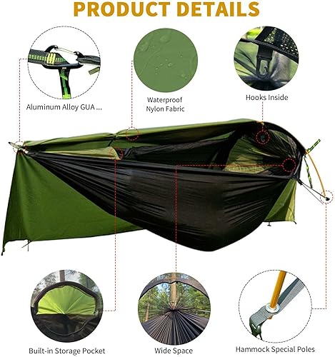Miniatura 4 de Travel Bird Hamaca de camping con mosquitera y lona para moscas de lluvia, función 3 en 1 paracaídas portátil doble e individual, hamaca ligera al