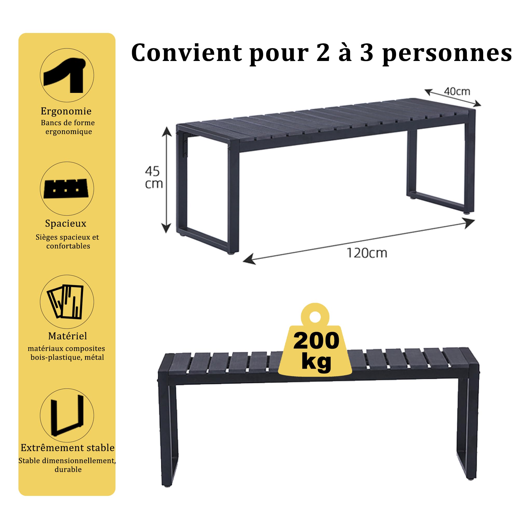 Mingone Banc de Jardin Noir (120cm, 2 Places)