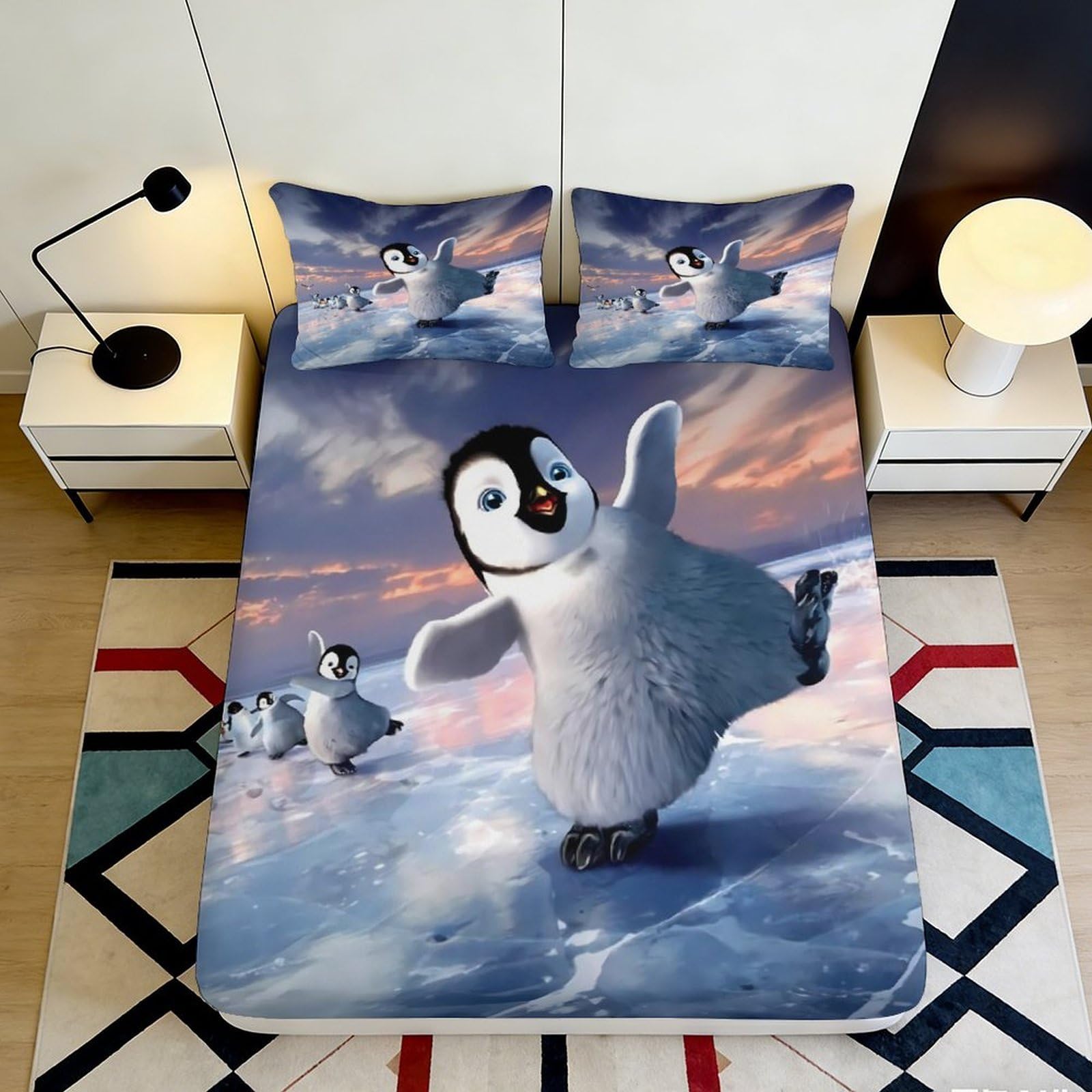 3D Printed Cute Penguin Fitted Sheet Microfiber Soft Breathable Ice Landscape Bed Cover for Bedroom Dormitory Guest Room Mattress Protection Decor 90x200x25cm