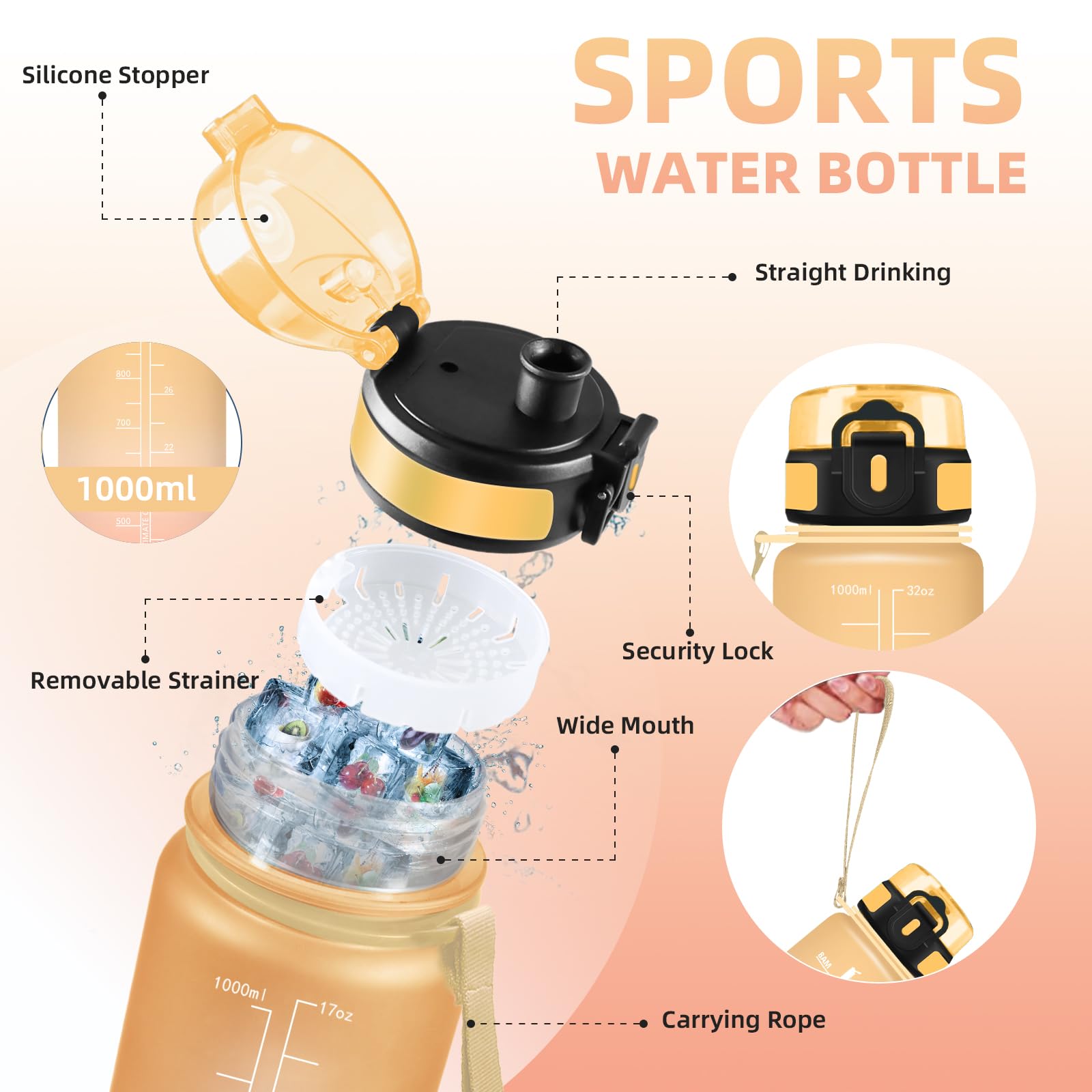 Mujigaga Gourde Sport, Gourde 1l, Anti Fuite, Gourdes Filtrante, Facile à Nettoyer, Gourdes Graduée pour 1 Journee, avec Brosse Éponge, Bouteille d'eau pour École, Camping, Natation, Gym, Triathlon - 5