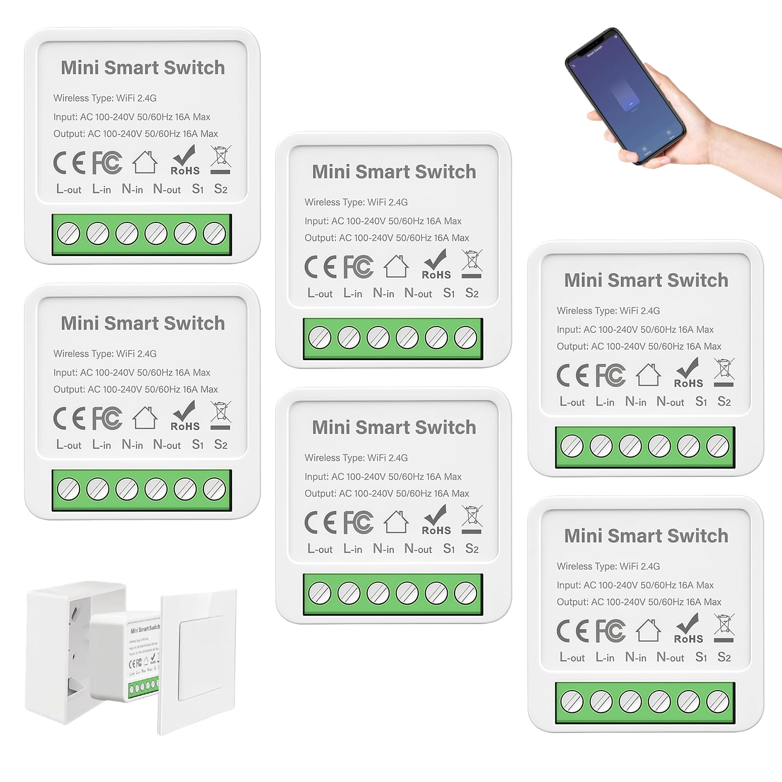 6 piezas de módulo de interruptor de luz inteligente 2 vías, interruptor WiFi Smart Life, interruptor WiFi mini DIY compatible con la aplicación Tuya, Alexa y Google Home, se requiere conductor neutro