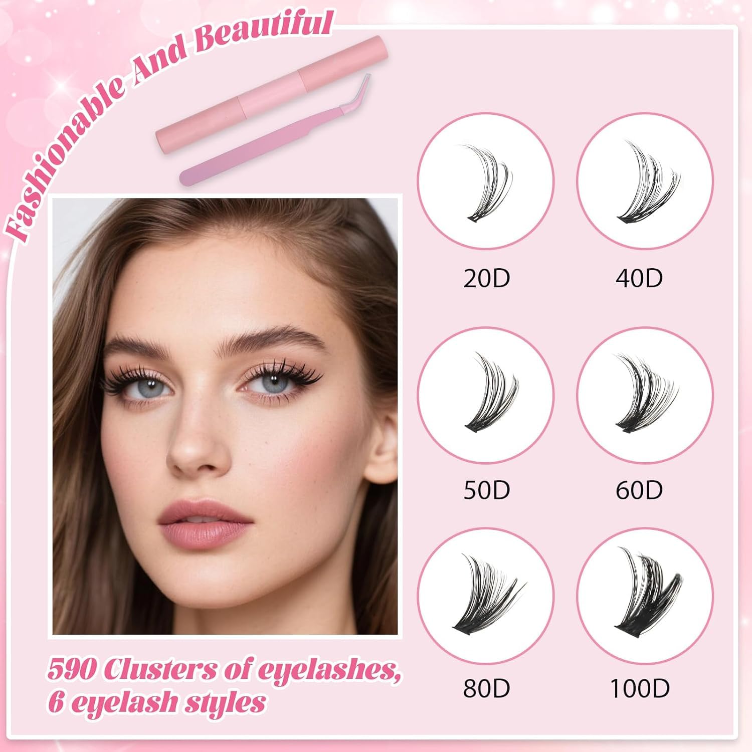 VEGCOO 590 Pezzi Ciglia Finte Ciuffetti, 20-40-50-60-80-100D Lash Cluster, Kit Ciglia Extension D Curl 8-16mm, DIY Eyelash Extension per Ragazze e Donne Principianti