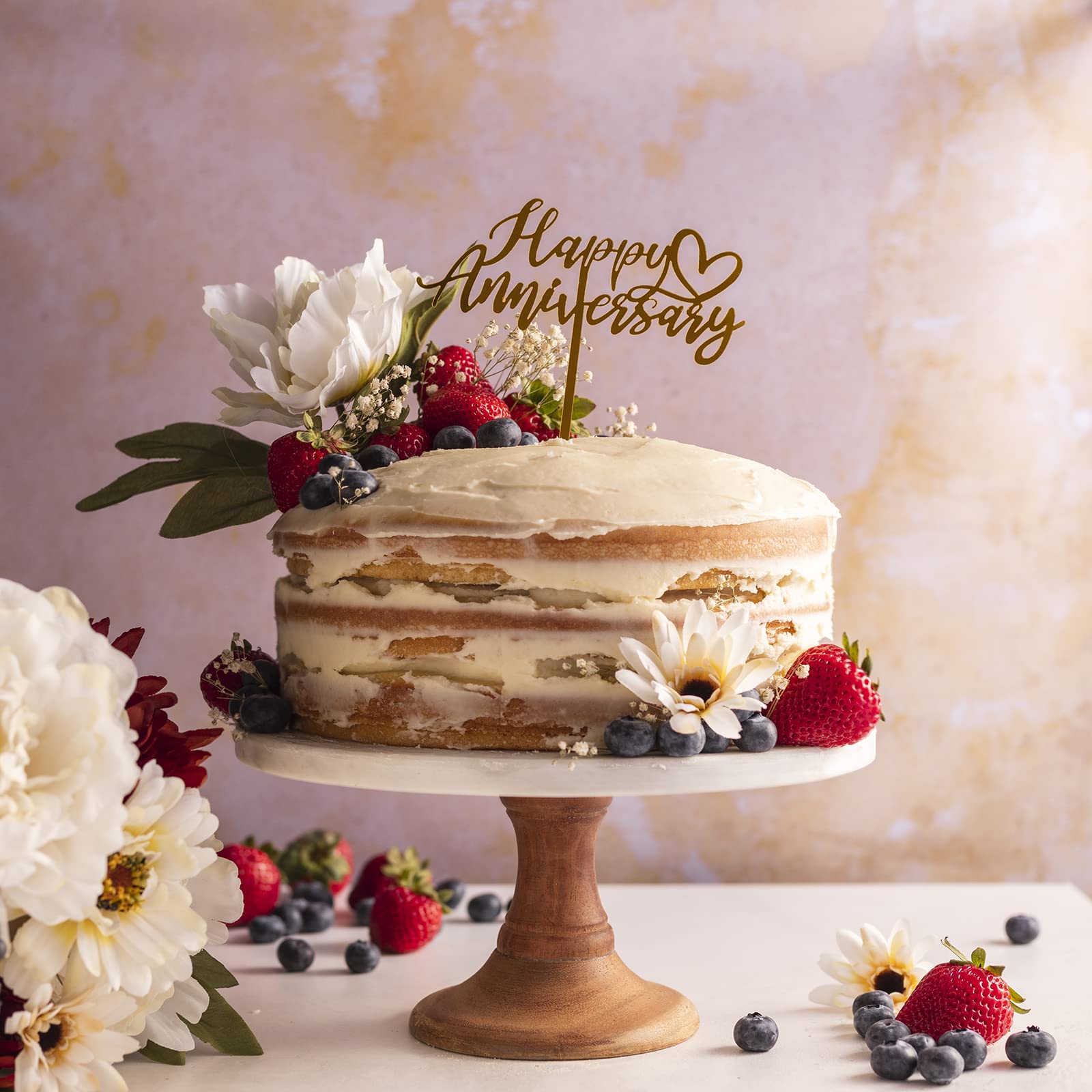 ZHUOWEISM 1 PCS Happy Anniversary Cake Topper With Glitter Heart Wedding Anniversary Cake Pick Decorations For Baby Shower Birthday Wedding Anniversary Party Supplies Gold