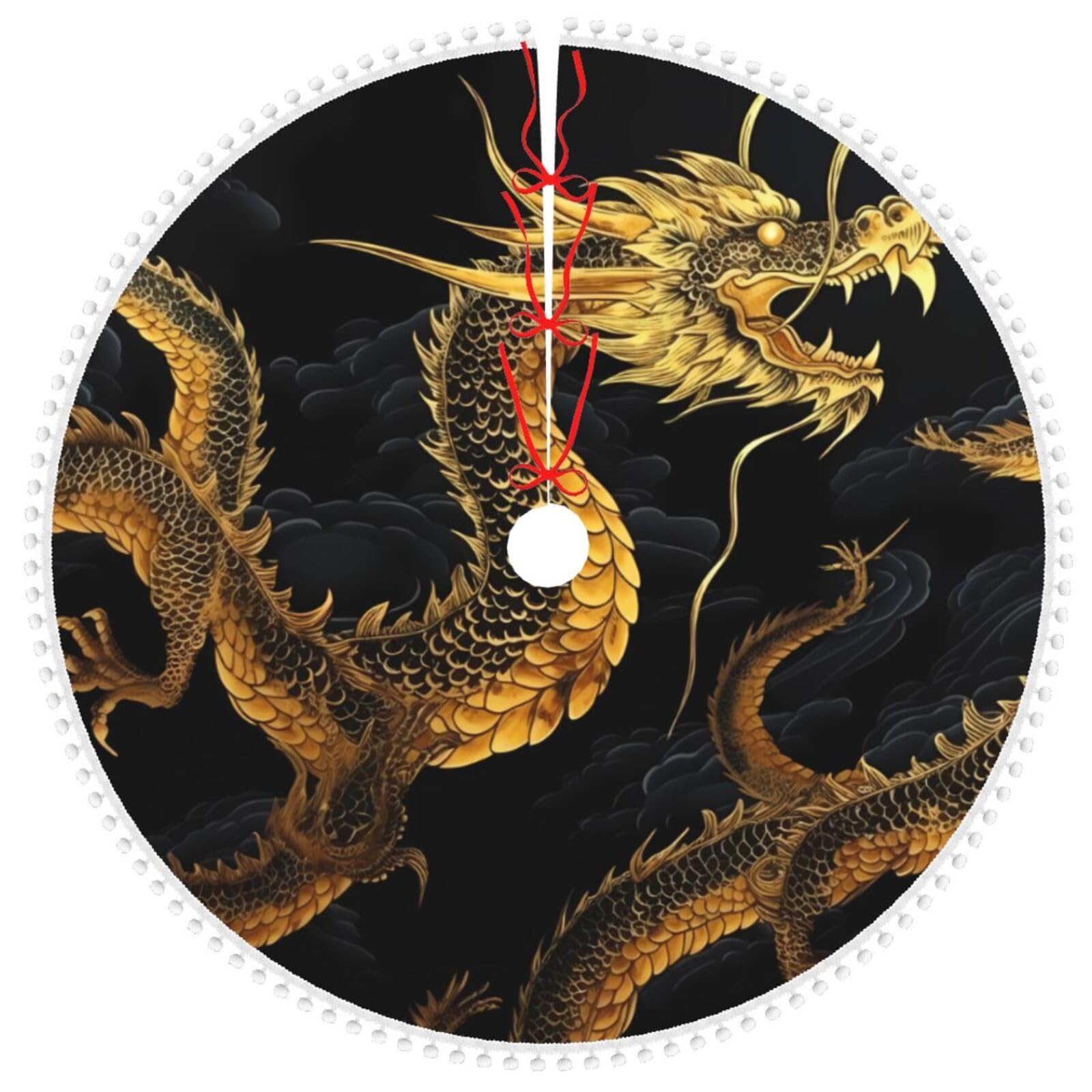 Jupe de sapin de Noël 122 cm dragon jaune et pompons en peluche