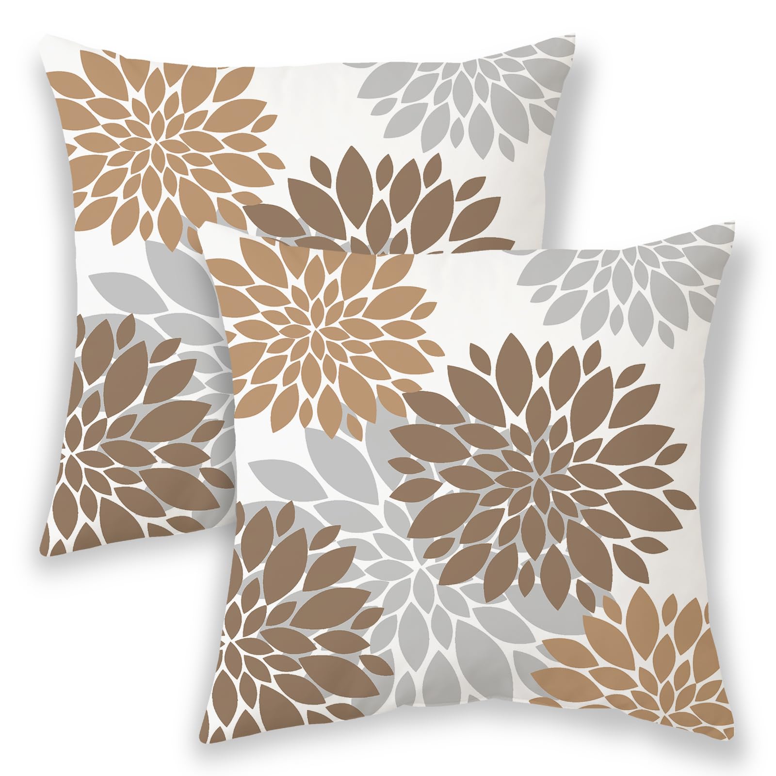 Brown Pillow Covers 18x18 Inch 2 Pcs,Coffee Colored Geometric Dahlia Decorative Throw Pillows,Summer Grey Gray Flower Outdoor Decor Pillowcase Square