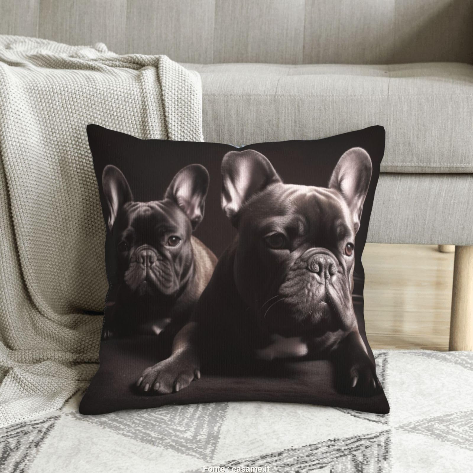 Coussin bouledogue français en velours côtelé pour soulager le stress au salon