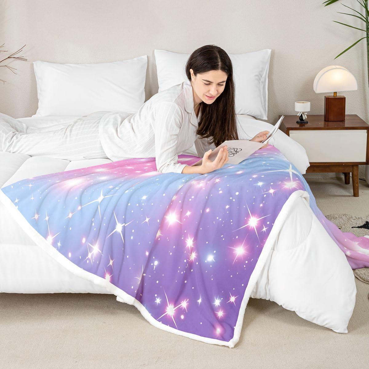 Erosebridal Gradient Glitter Throw Blanket for Girls, Rainbow Galaxy Fleece Kids Boys Children Women Bedroom, Ombre Pastel Sherpa Starry Sky Twinkle Fuzzy Blanket, Purple Pink, Twin Size