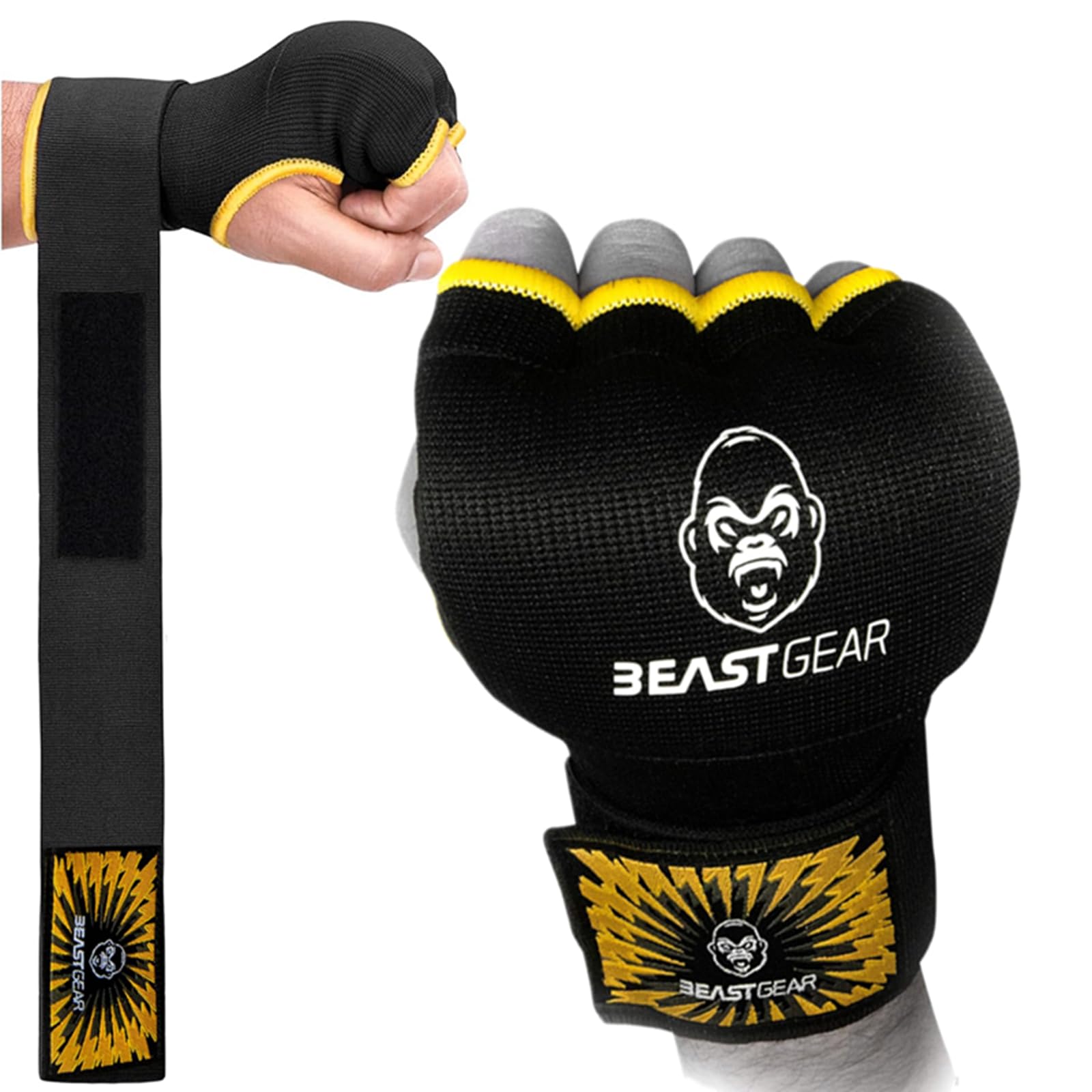 Beast Gear Hand Wraps Boxing Inner Gloves with Gel Padded, Quick 100cm Wrist Straps for Men & Women - MMA, Muay Thai, Kickboxing & Martial Arts Training
