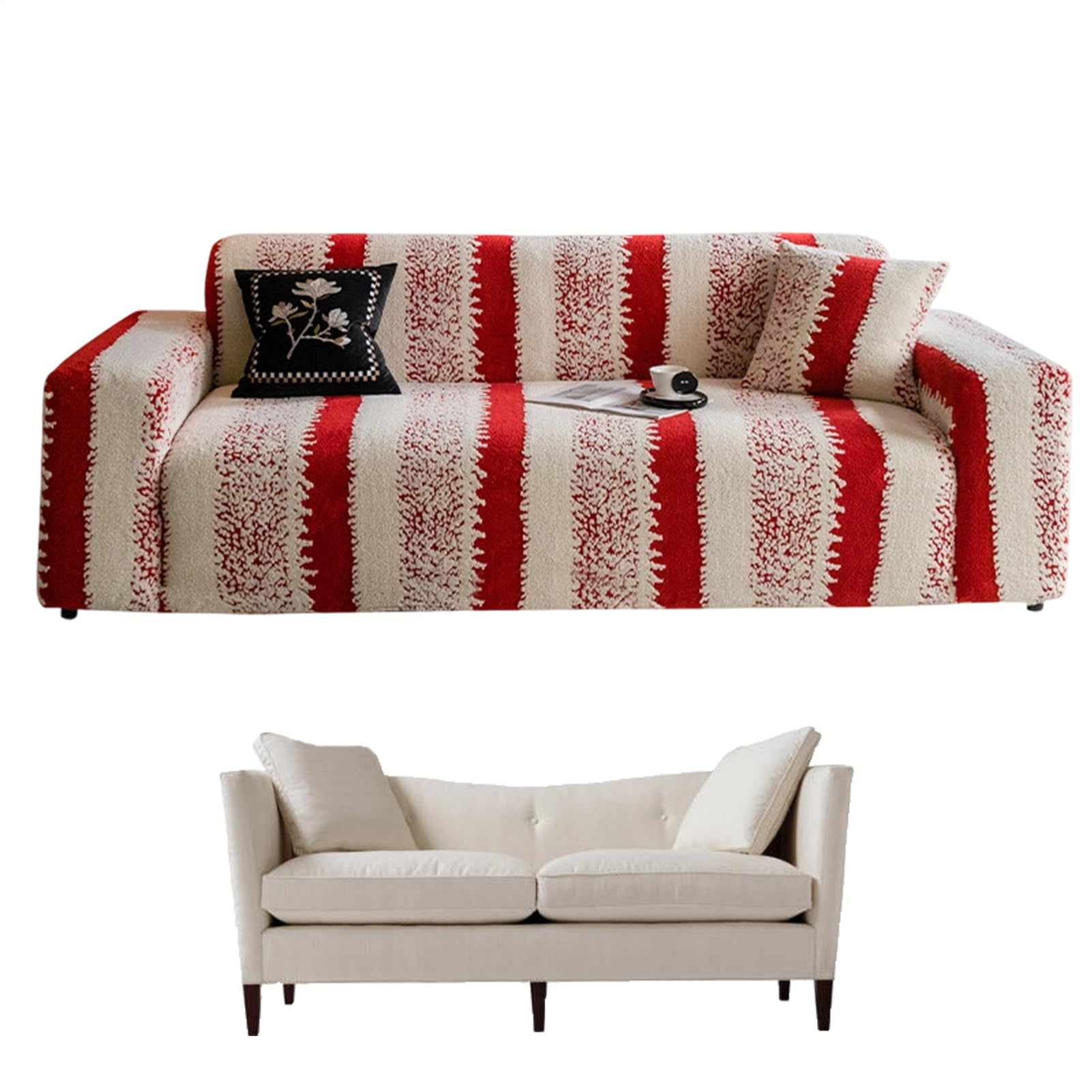 Housse de canapé rouge extensible avec déco coussin doux pour protection de fauteuil et siège intérieur