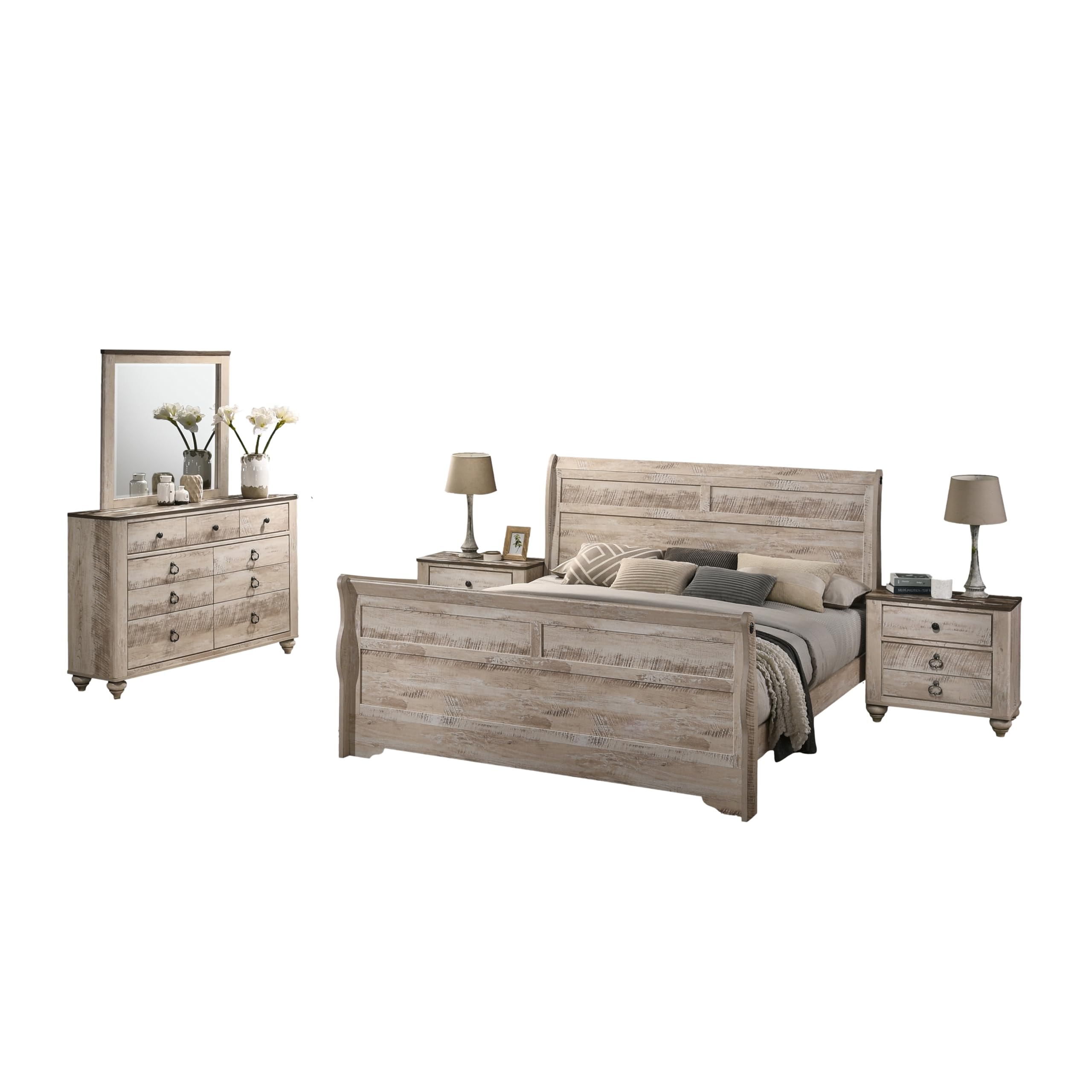 Roundhill Furniture Amerland Contemporary White Wash Finish 5-Piece Bedroom Set,