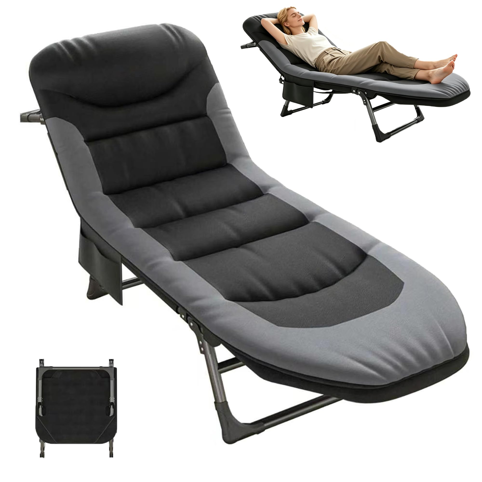 Feldbett Klappbar XXL, Campingbett & Campingliege mit 6-Fach Verstellbarer Rückenlehne, Klappbett mit Matratze, Karpfenliege, 190x65x30 cm, bis 200 kg, Gästebett für Garten, Indoor (schwarz)