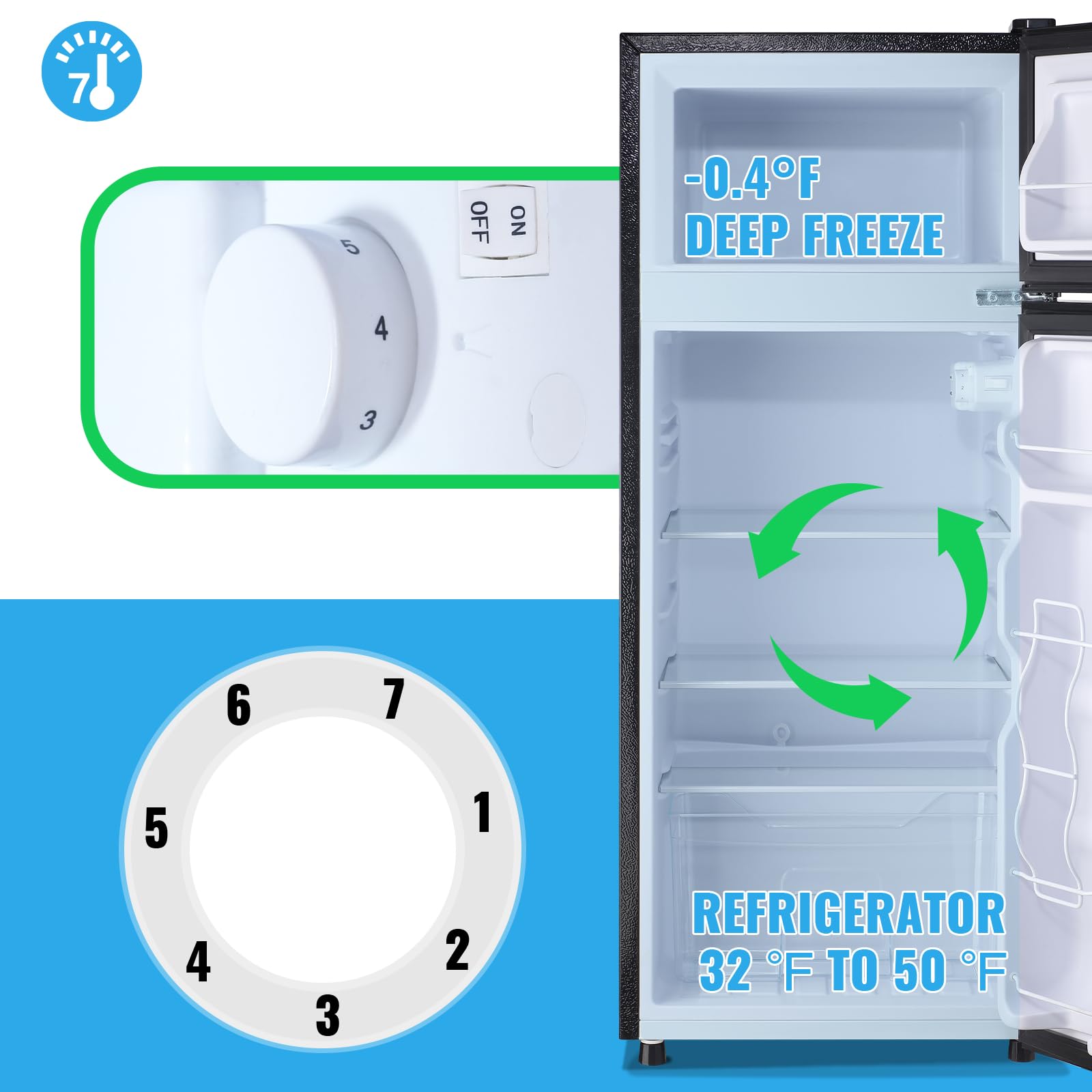 Demuller 4.5 Cubic Feet Double Door Fridge With Top Freezer Large Capacity Refrigerator With 7 Temperature Control & 3 Removable Shelves Black on Fridge.com - View 3