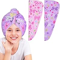 Vista 9 de Basumee Toalla Envolvente de Microfibra para el Cabello para Niños Paquete de 2 Toallas de Cabello de Secado Rápido con Botón Turbantes para Cabello