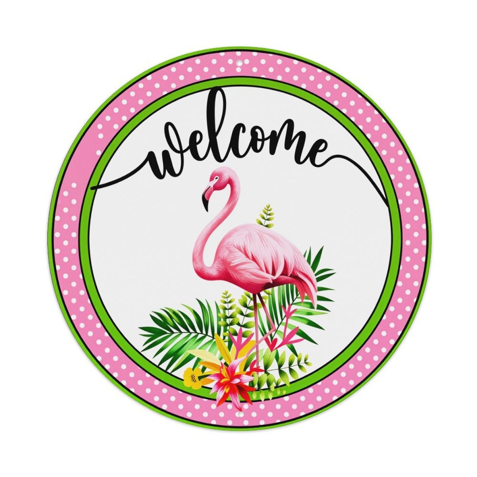 Flamingo Tropical Welcome Pattern Print Round Tin Sign Vintage Metal Poster Retro Bar, Home, Man Cave, Kitchen, Laundry Room Wall Art Decor Gift 8x8Inch