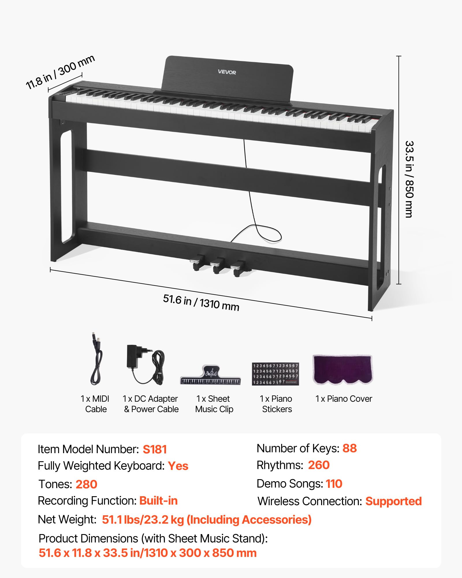 VEVOR Pianoforte Digitale a 88 Tasti Pesati, Tastiera Pianoforte Pesati con Altoparlante, Pedale Sustain, Adattatore CC, Supporto, 280 Toni, Connessione Wireless, per Principianti, Nero
