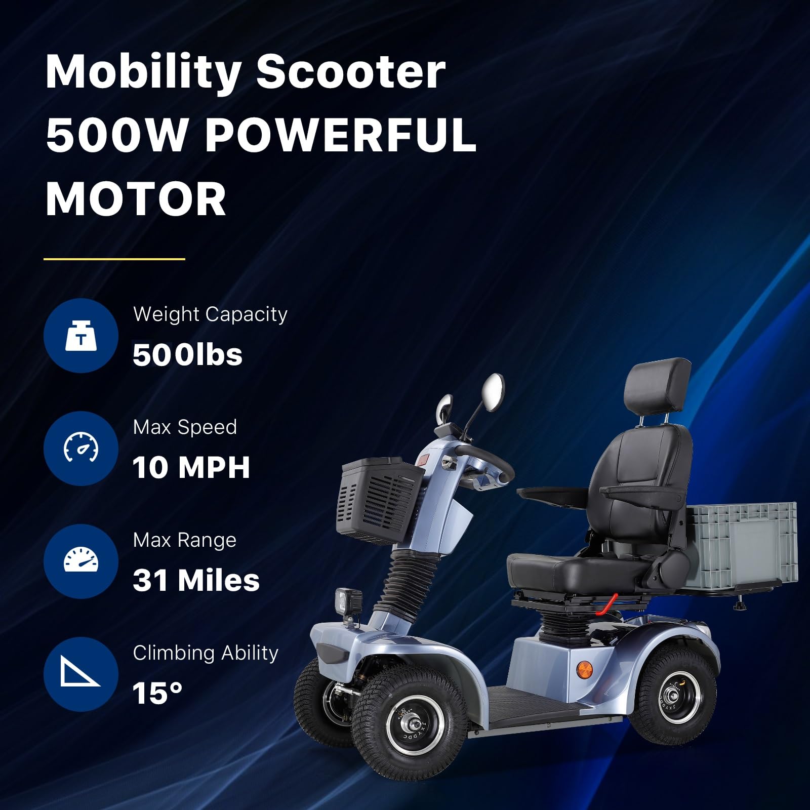 Heavy Duty Mobility Scooters for Adults 500 lb Weight Capacity,Electric Foldable All Terrain 4 Wheel Motorized Scooter for Seniors,Compact Portable Powered Scooters for Travel,31 Miles Range (Black)