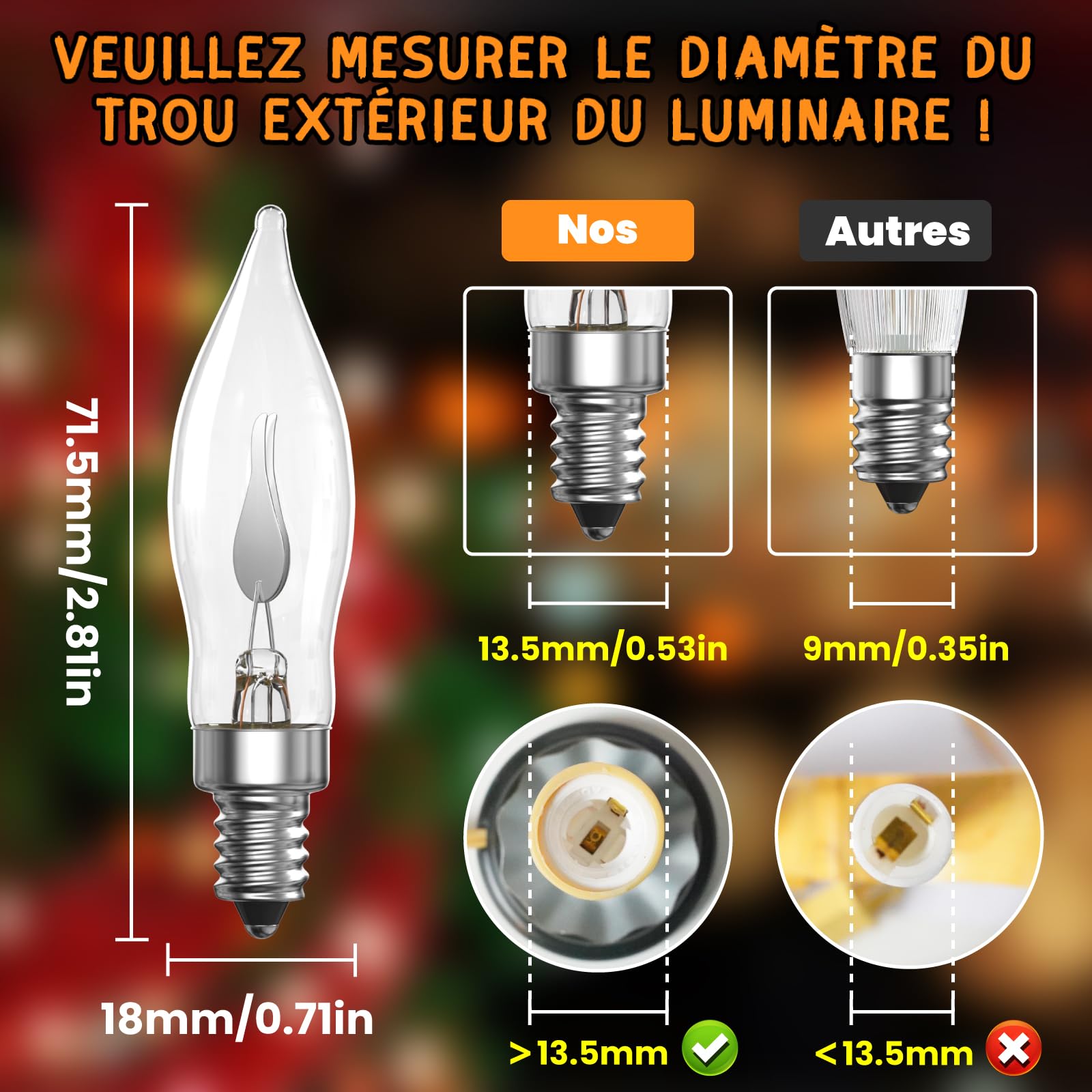 E10 ampoule Décoratives Bougie Clignotante, Bougie Supérieure Effet de Flamme Blanc Chaud E10 pour Décoration de Noël (Lot de 2)
