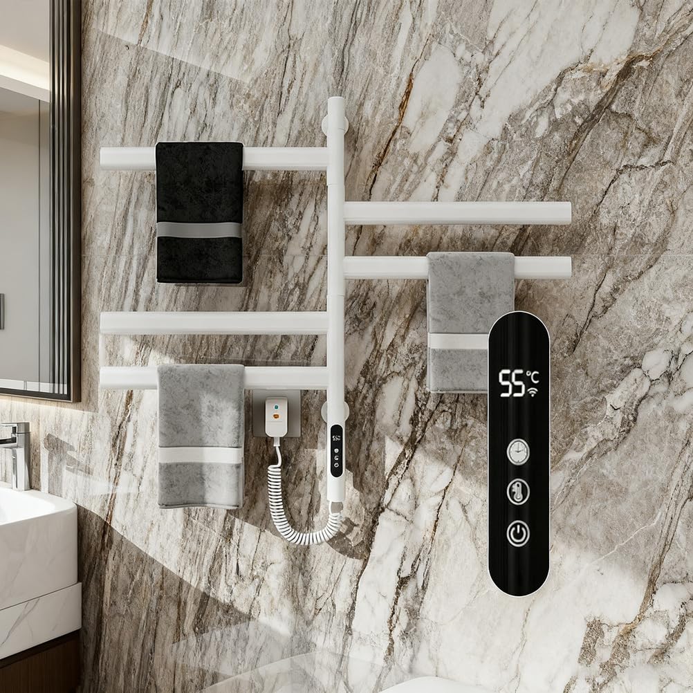 Toallero Electrico Baño Pared, Radiador Toallero Electrico Giratorio 180°, Calentador De Toallas Bajo Consumo,Secador Toallas con Termostato,Temporizador,Pantalla LED,Blanca