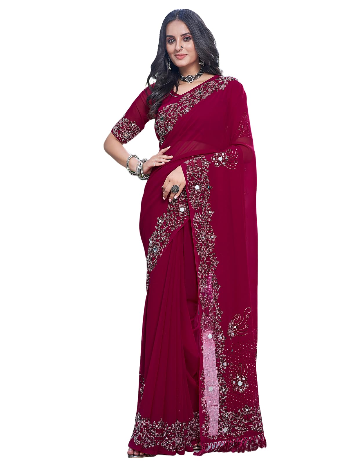 Satrani Women's Stone & Mirror Work Embellished Georgette Saree With Unstitched Blouse Piece (3754S123N_Dark Pink)