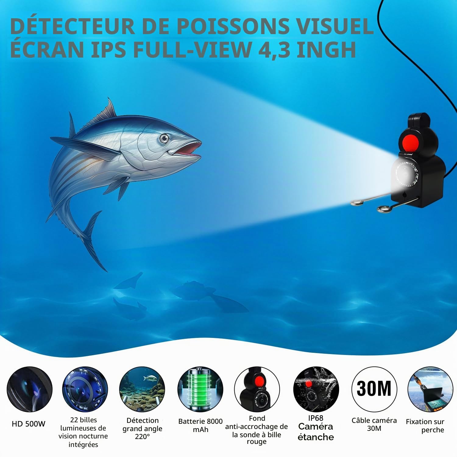 Fishfinder Fish Finder Caméra de pêche avec écran IPS de 4,3 pouces et câble de 30 m étanche grand angle 220° vision nocturne sous-marine pour pêche en mer rivière