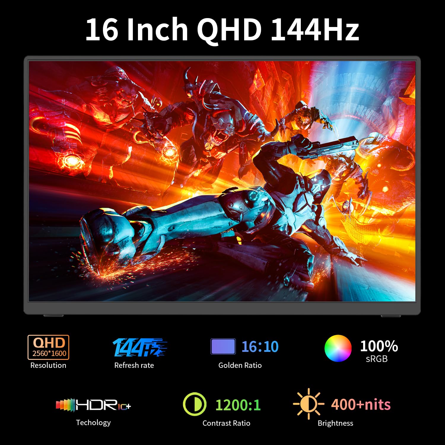 Przenośny monitor do gier 2,5K 120 Hz 16 cali 2560 x 1600 QHD 16:10 400 Nits HDR FreeSync Przenośny monitor z obudową głośnika, zewnętrzny wyświetlacz konsoli do gier PC