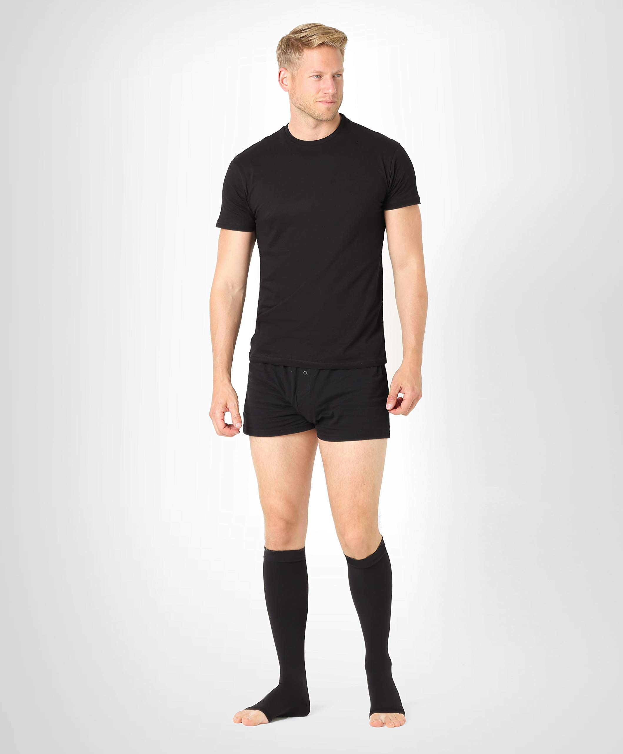 ®BeFit24 Gambaletti a compressione graduata a punta aperta (18-21 mmHg, 90 Denari, Classe 1) per uomo e donna - Calze elastiche antitrombo - Gambaletto per aereo - [ Size 4 - Long: A - Nero ]