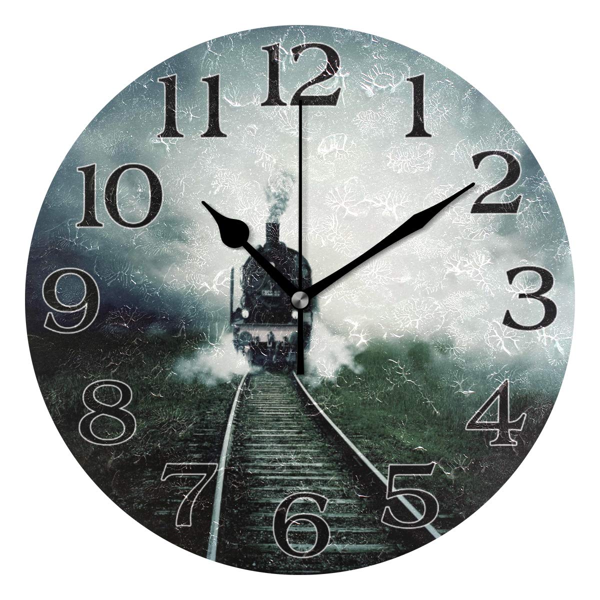 linomo Vintage Steam Train Wall Clock Decor, Silent Non Ticking Round Clock Quiet for Kitchen Living Room Bedroom Bathroom Office