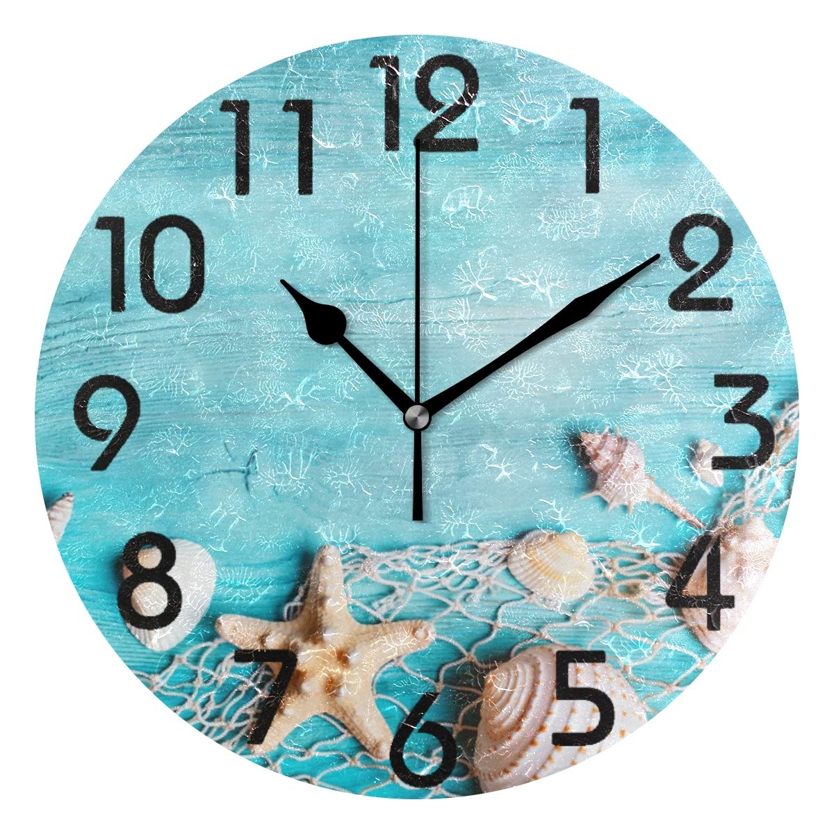 Naanle 3D Summer Seashells Starfish on Fishing Net Fresh Print Silent Round Wall Clock Decorative, 9.5 Inch Battery Operated Quartz Analog Quiet Desk Clock for Home,Office,School(Turquoise)