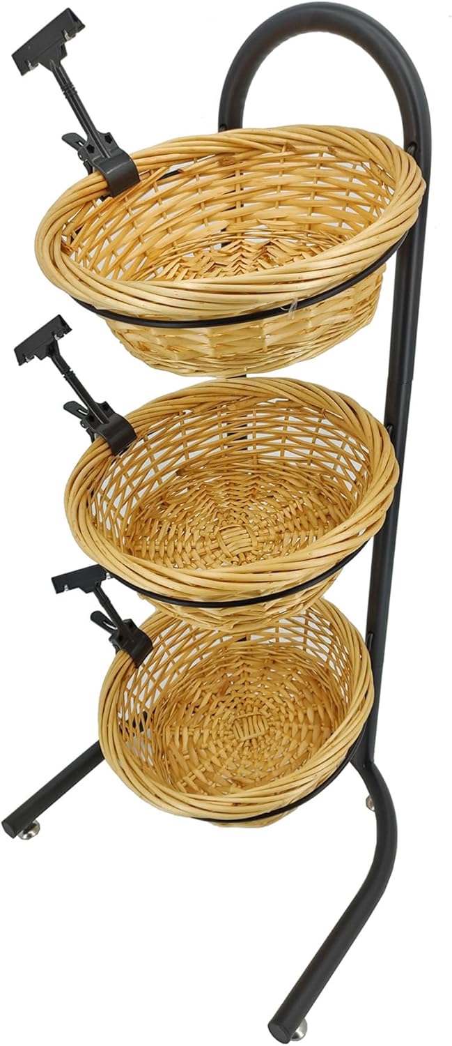 FixtureDisplays 3 Tier Wicker Basket Metal Stand with Sign Clips, Market Basket Storage Organizer 19425
