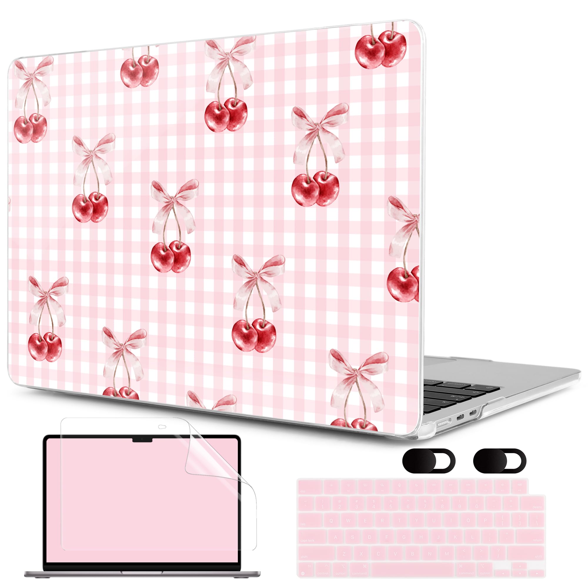 MEEgoodo Case for MacBook Pro 16 inch 2026 2024 2023 2021,Laptop Shell Compatible with M5 M4 M3 M2 M1 Pro/Max Chip,Fit Model A3429/A3428/A3403/A3186/A2991/A2780/A2485,Pink Checkerboard&amp;Cherries