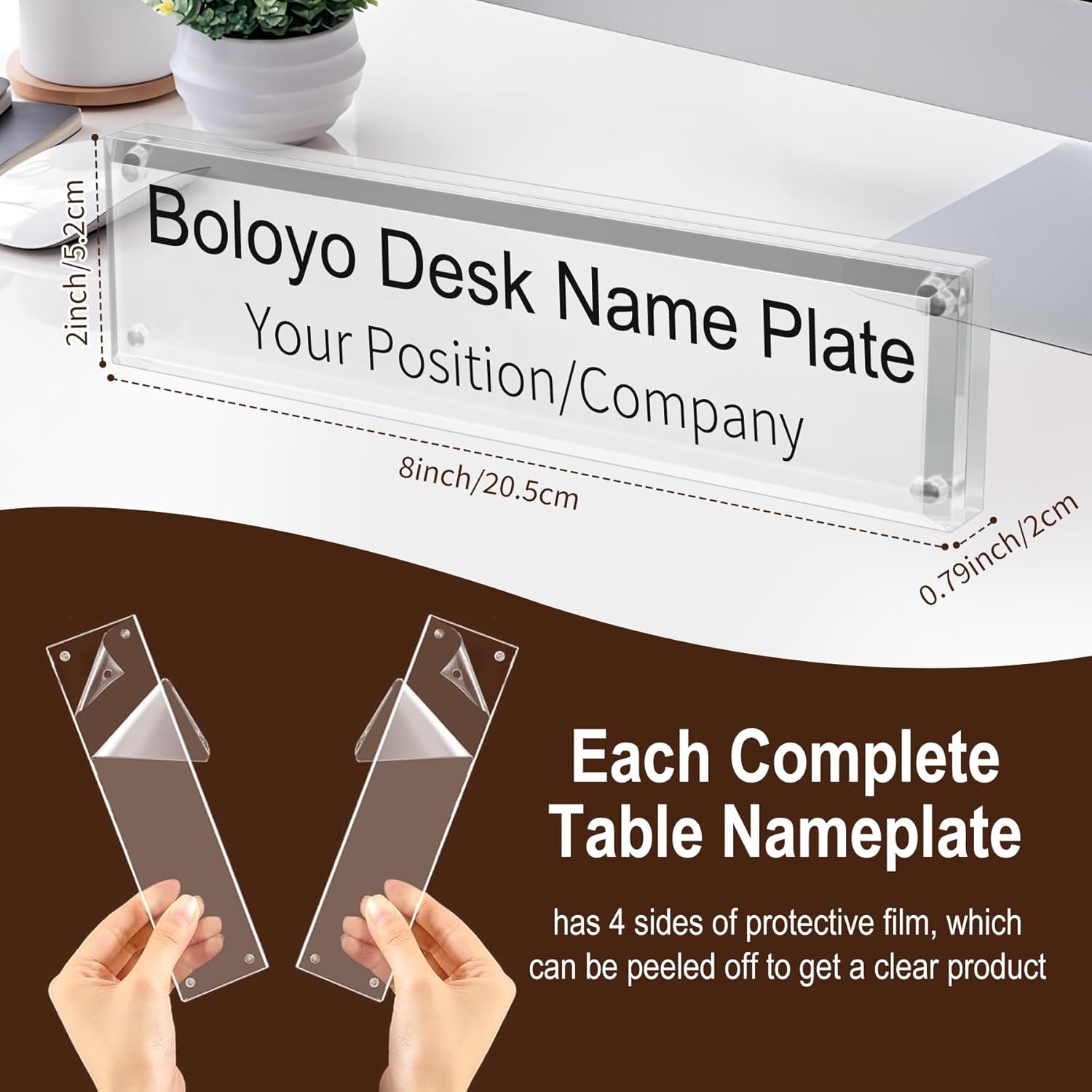 Boloyo Acrylic Desk Name Plate Holder for Office, 2 x 8 Inch 1PC Acrylic Blank Nameplate Block Double Sided Table Name Plate Stand Business Sign Desk Holder