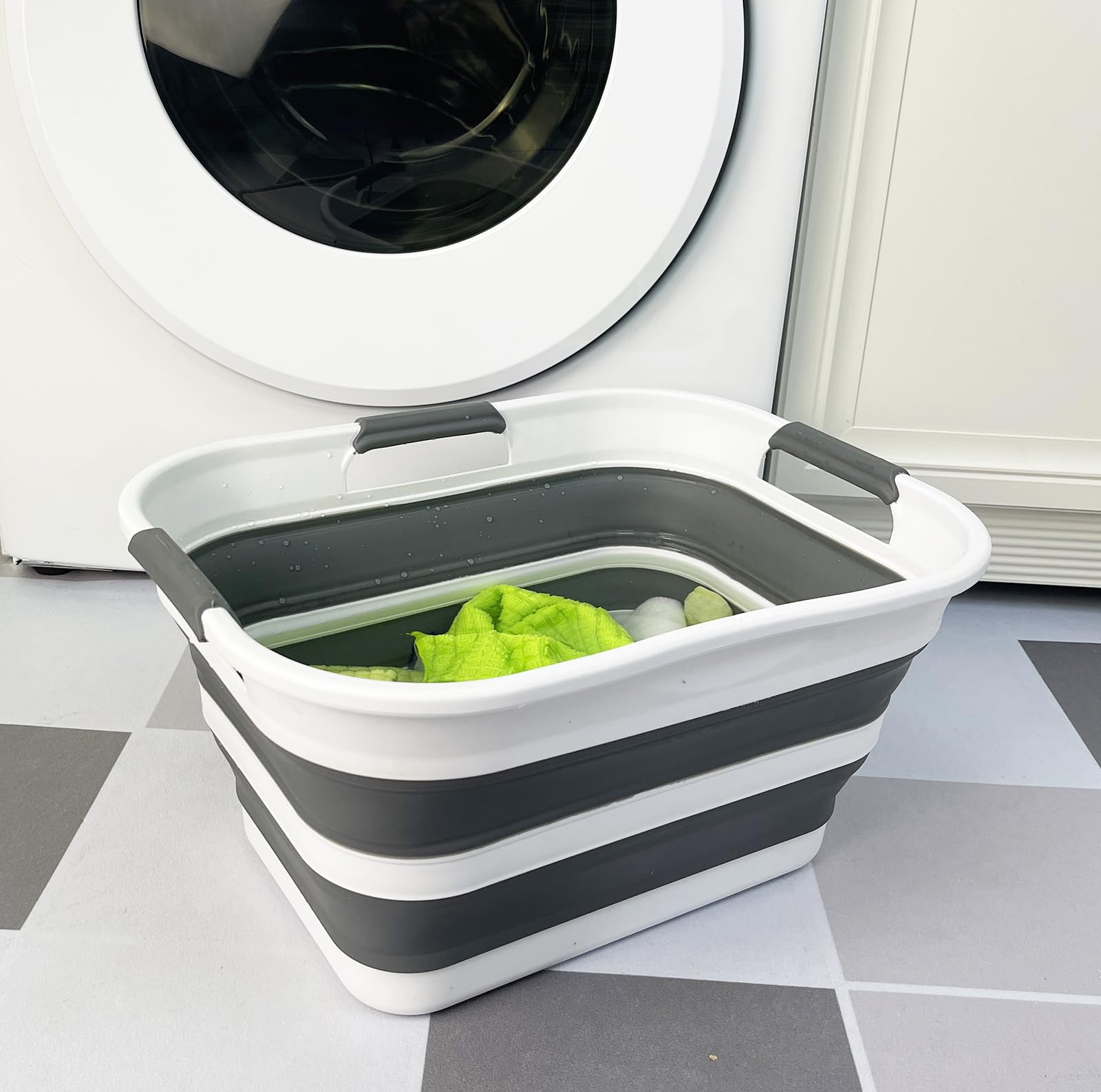 SAMMART 2er-Set zusammenklappbarer Wäschekorb/Organizer aus Kunststoff – Waschwanne – faltbarer Pop-Up-Aufbewahrungsbehälter – platzsparender/tragbarer Wäschekorb (Weiß/Stahlgrau, 19L)