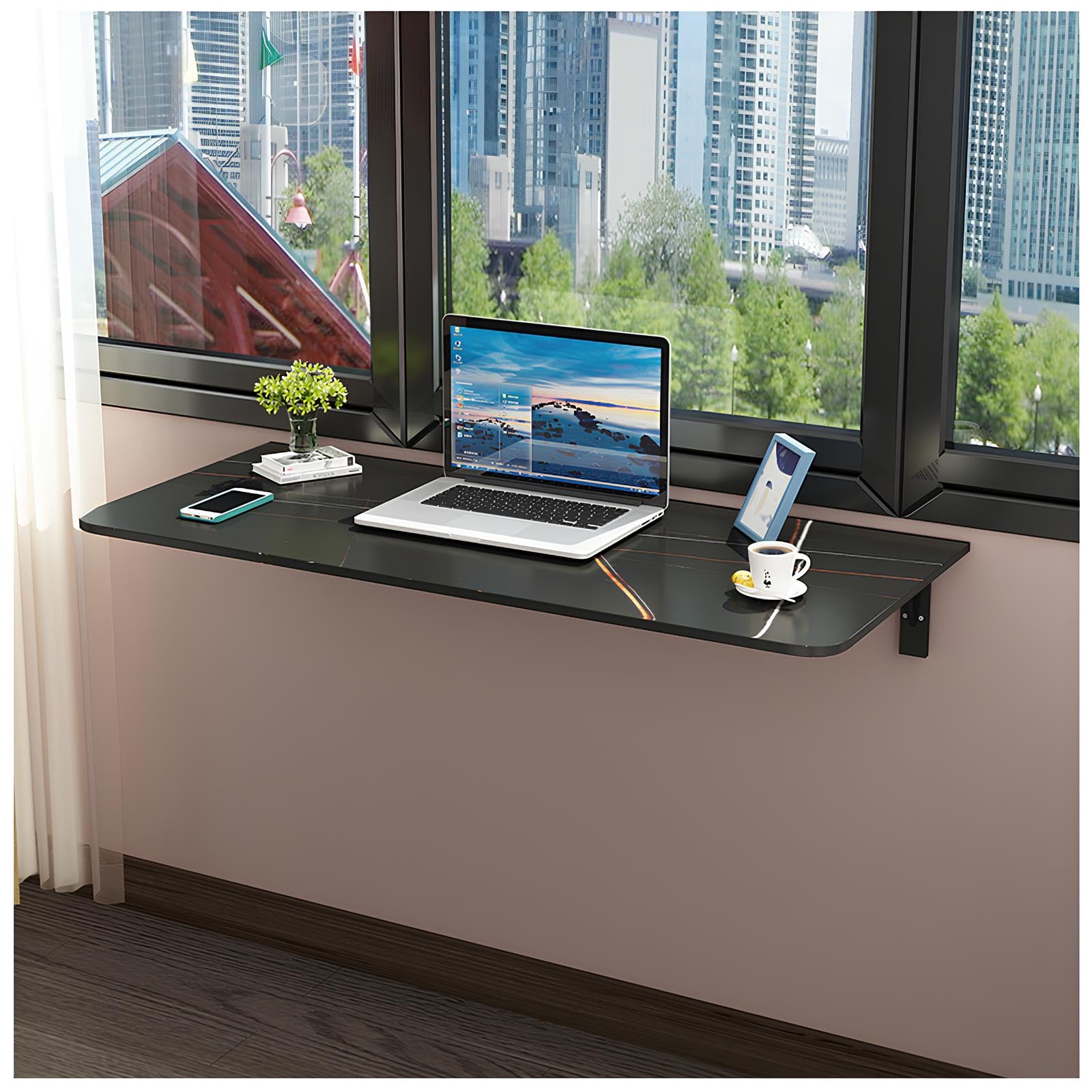 GBRJUYF Wall Mounted Folding Table Drop Leaf Computer Desk Space Saving Floating Dining Table Versatile Laundry Workstation Wall Mount Fold Down Desk (Black 90x30cm)