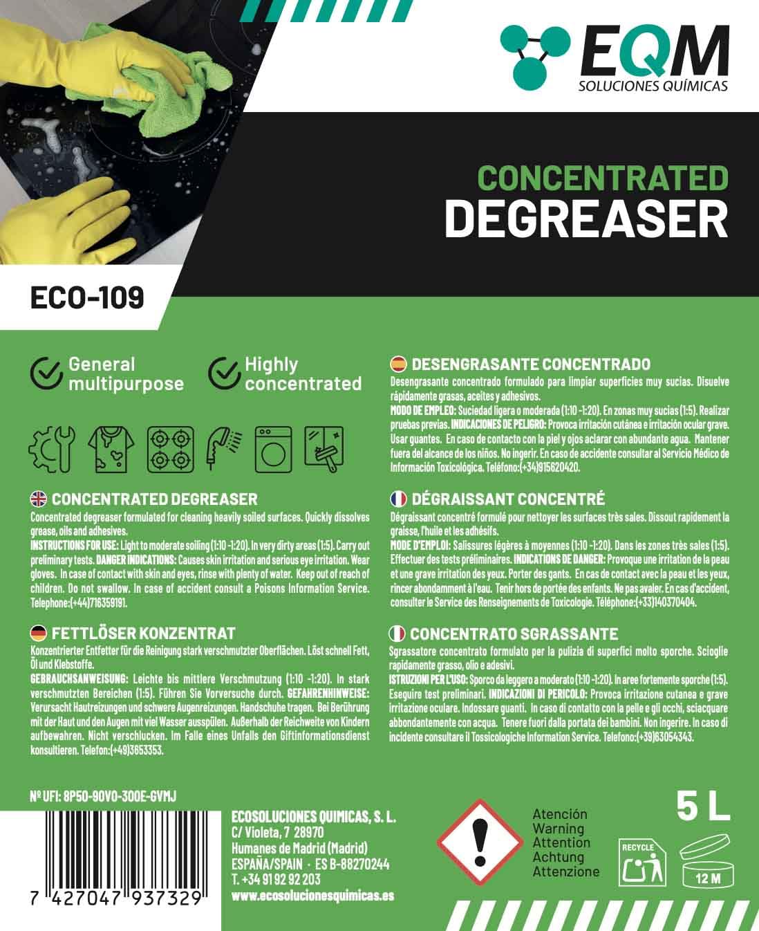 EQM - ECO-109 - Dégraissant Concentré Multisurfaces - 5L - Cuisines, moteurs, machines, sols industriels, garages, etc. - Dégraissant haute efficacité