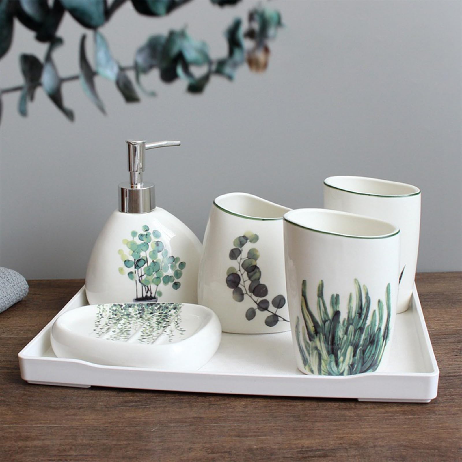Elegante set da bagno in ceramica da 6 pezzi dotato di dispenser per lozione, bicchiere per collutorio, piatto per trucco, piatto per sapone, portaspazzolino e vassoio, moderno set di