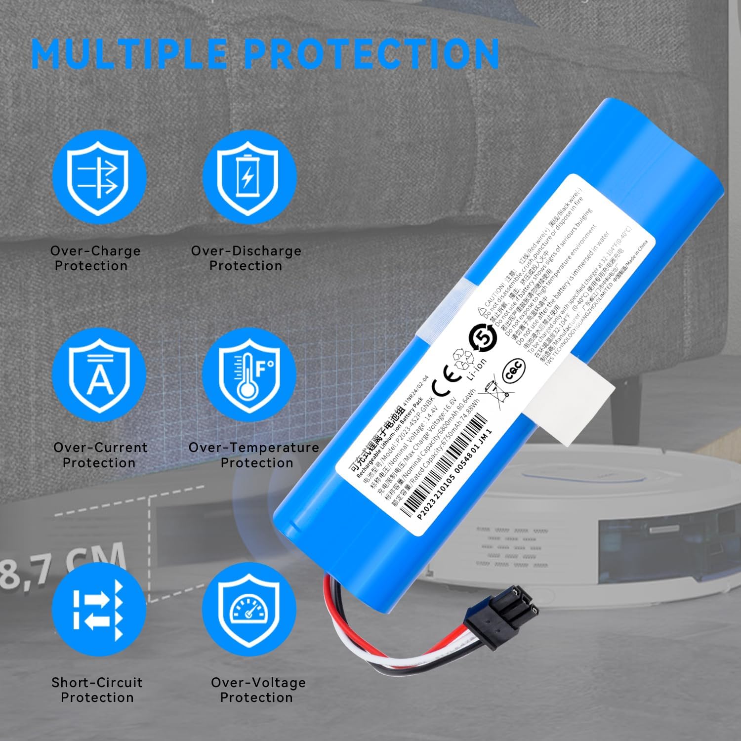 Detailed view of the battery's electrical connector.