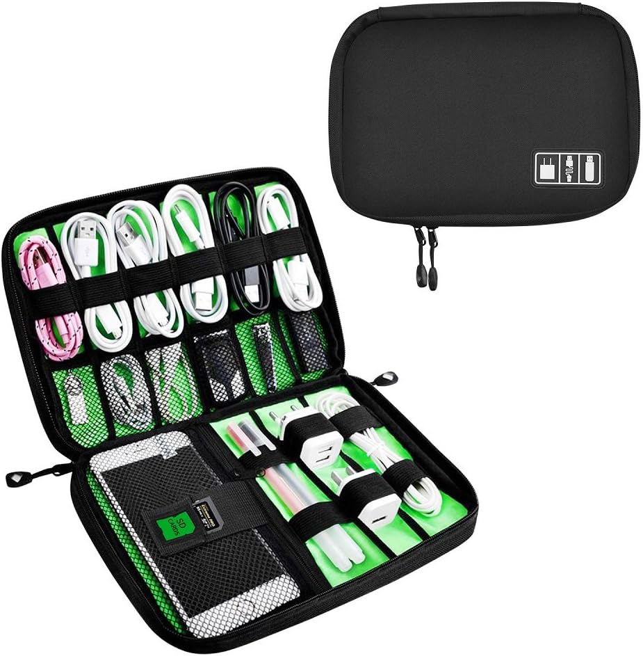 ECZO Electronic Accessories Cable Organizer Case Waterproof Travel Cable Storage Bag for Charging Cable, Various USB, Phone, Charger and More (Black and Green)
