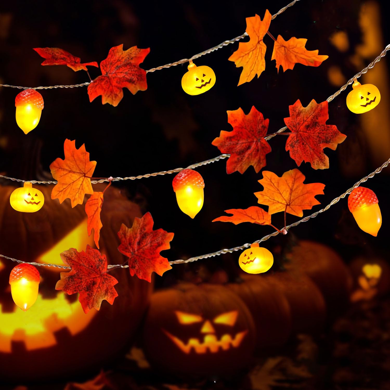 YeahBoom Autumn Fairy Lights, 1.5 m 10 LED Maple Leaves Fairy Lights, Battery Operated, Pumpkin Maple Leaves Acorn, Autumn Maple Leaf Pumpkins Fairy Lights for Indoor Outdoor Thanksgiving Halloween โ image 1