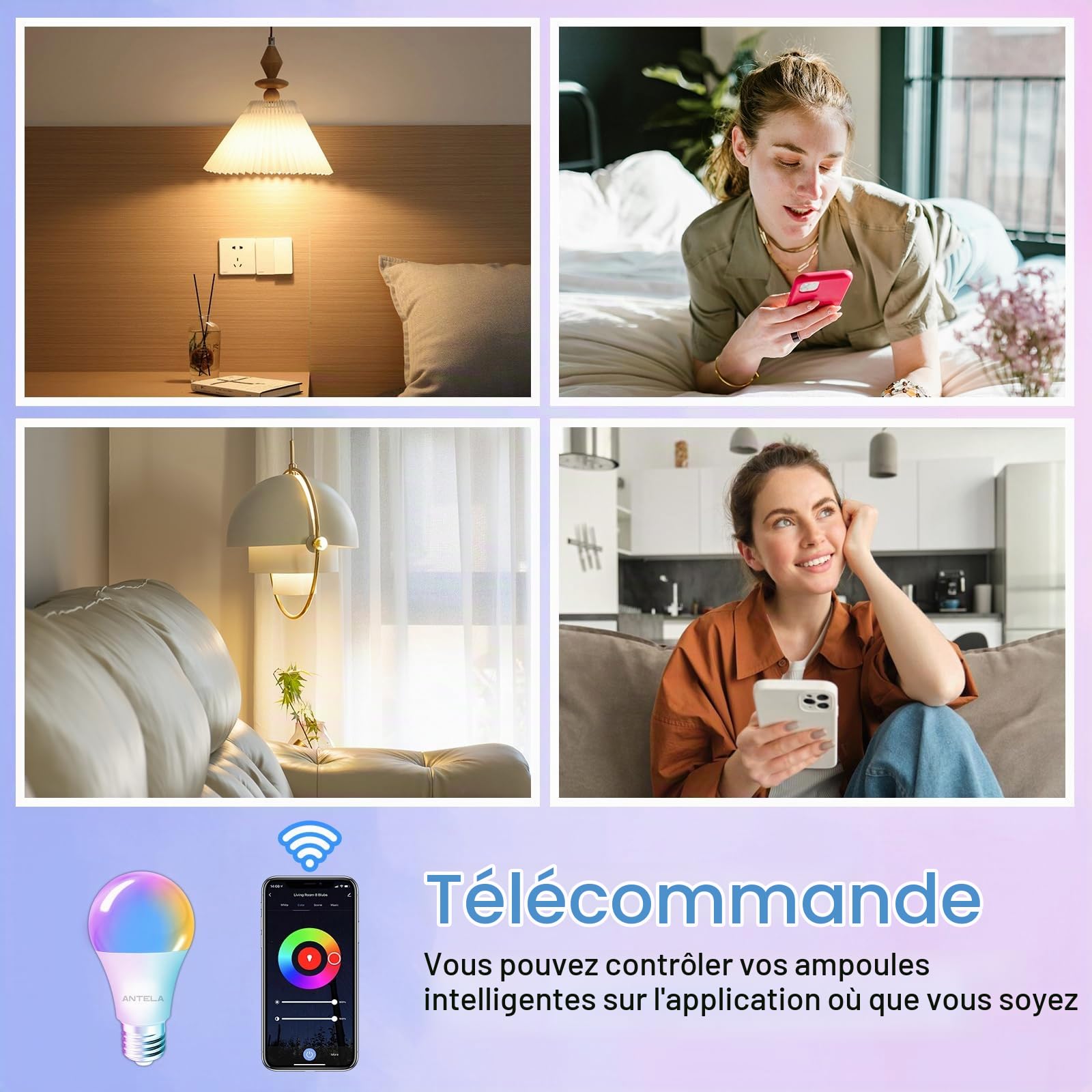 ANTELA Ampoule Connectée E27 WiFi 9W 1000LM Ampoule LED Intelligente RGB+CCT 2700K-6500K, Compatible avec Alexa Google Home, Smart Life APP, Commande Vocale, 4PCs