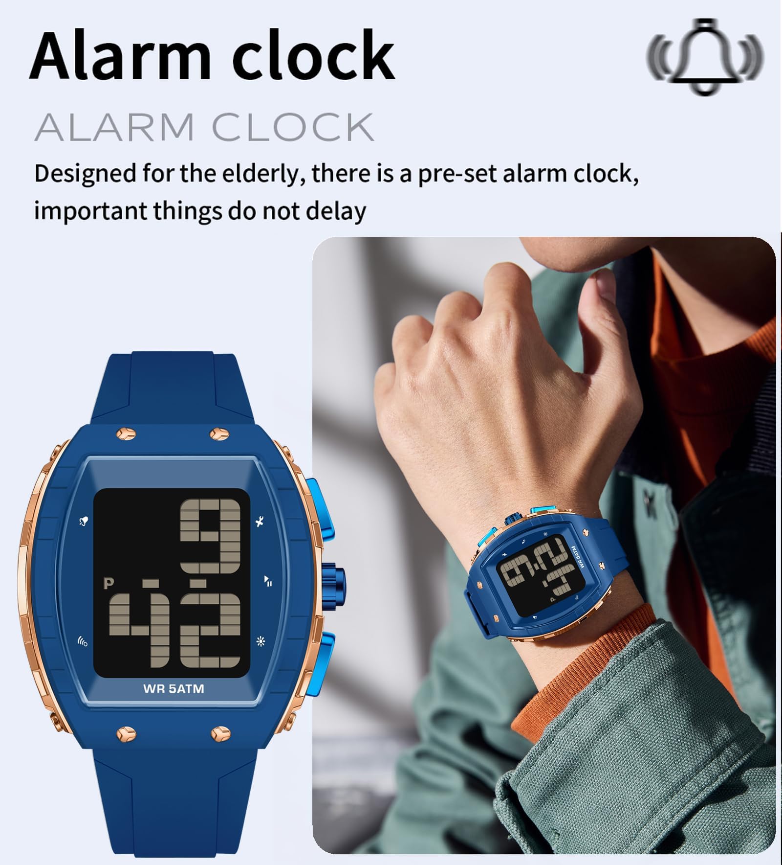 findtime Reloj de pulsera digital para personas mayores que hablan, fácil de leer, esfera grande, impermeable, deportivo, al aire libre, moderno, electrónico, para ancianos, con cronómetro LED, alarma