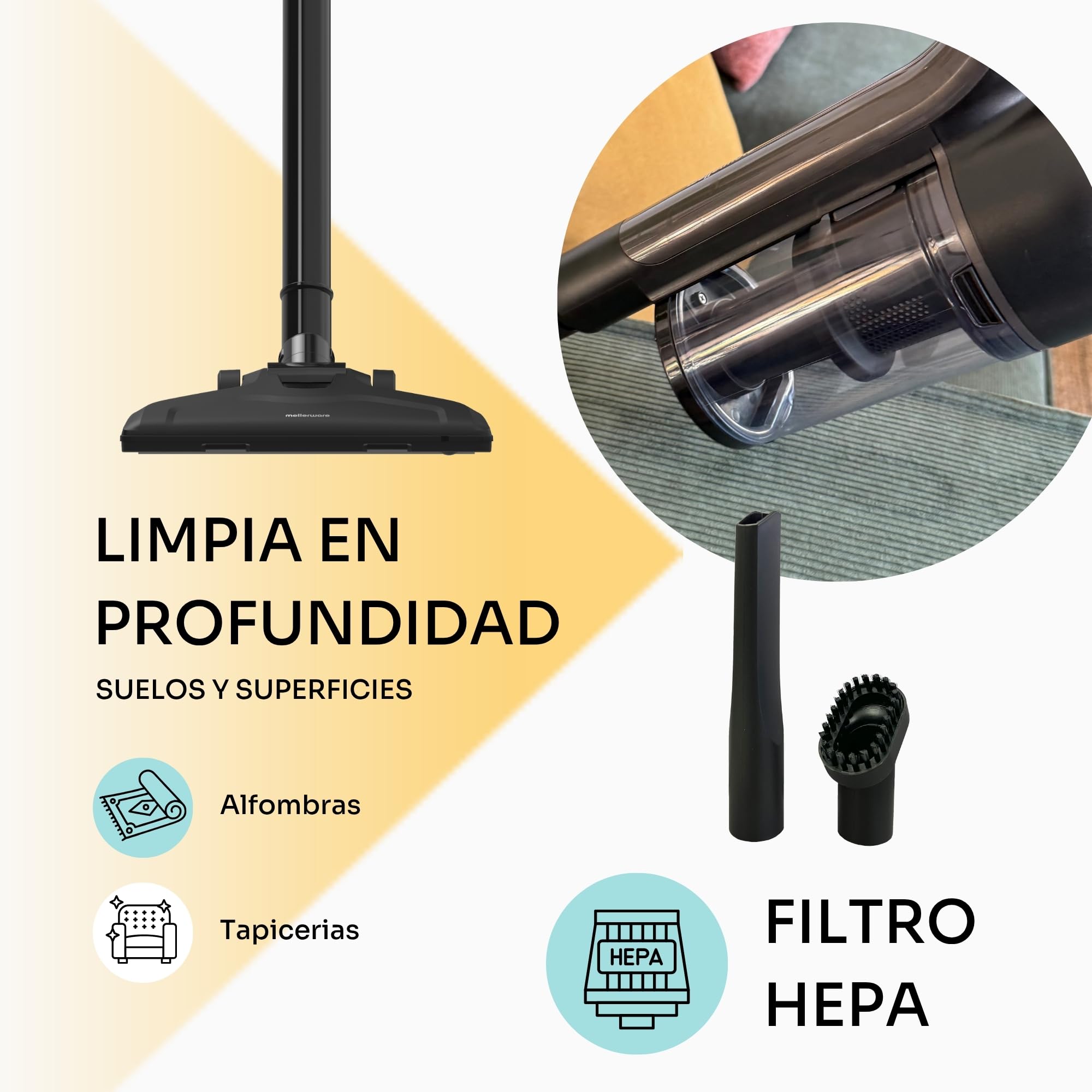 Mellerware - Aspirador Escoba Cleany 600W | Potencia de Principio a Fin | Boquilla 2 en 1 | con Cable | Elimina Polvo, Pelos y Suciedad | Ligero y Fácil de Mover