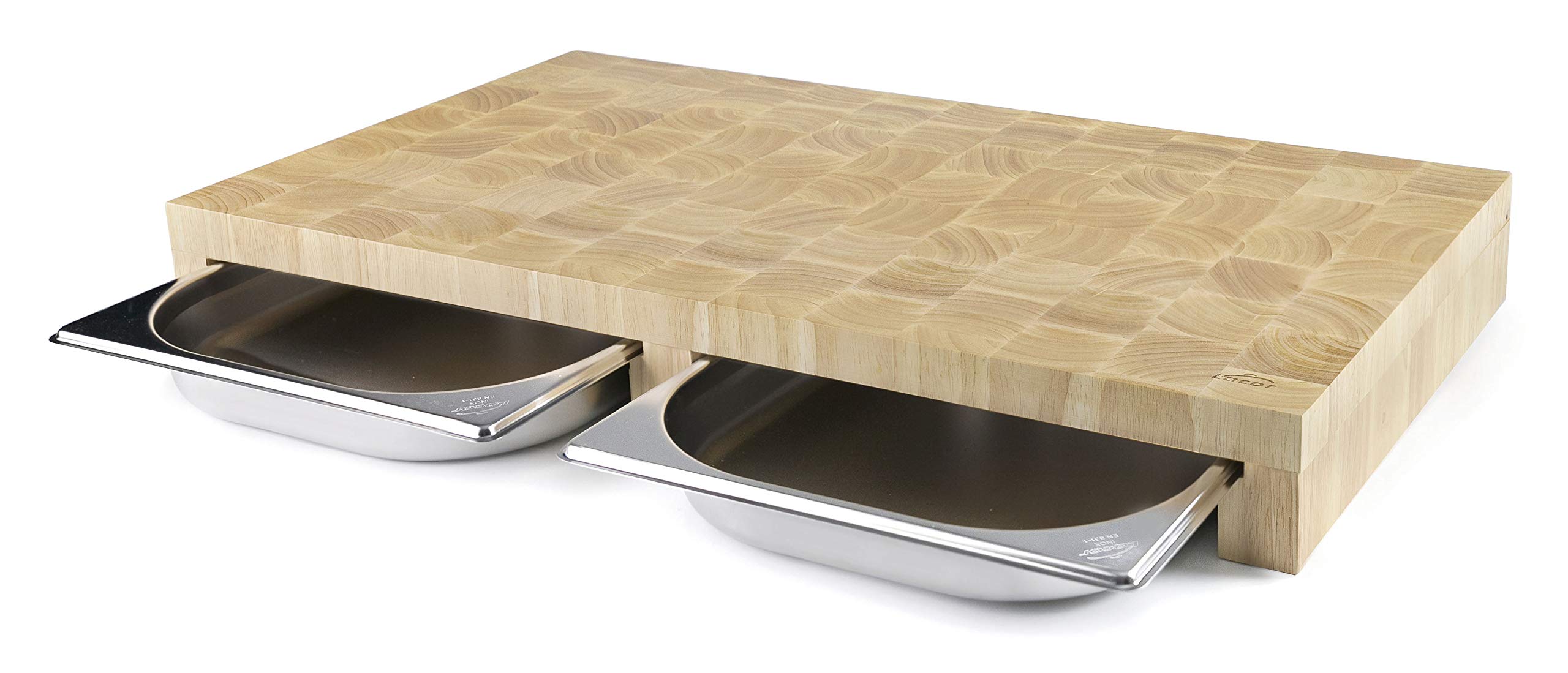 LACOR 60591 - Tabla de Corte doméstica de Madera de Caucho con Doble cubeta | En acero inoxidable, superficie de corte higiénica y estable; ideal para cocina profesional y uso diario en casa