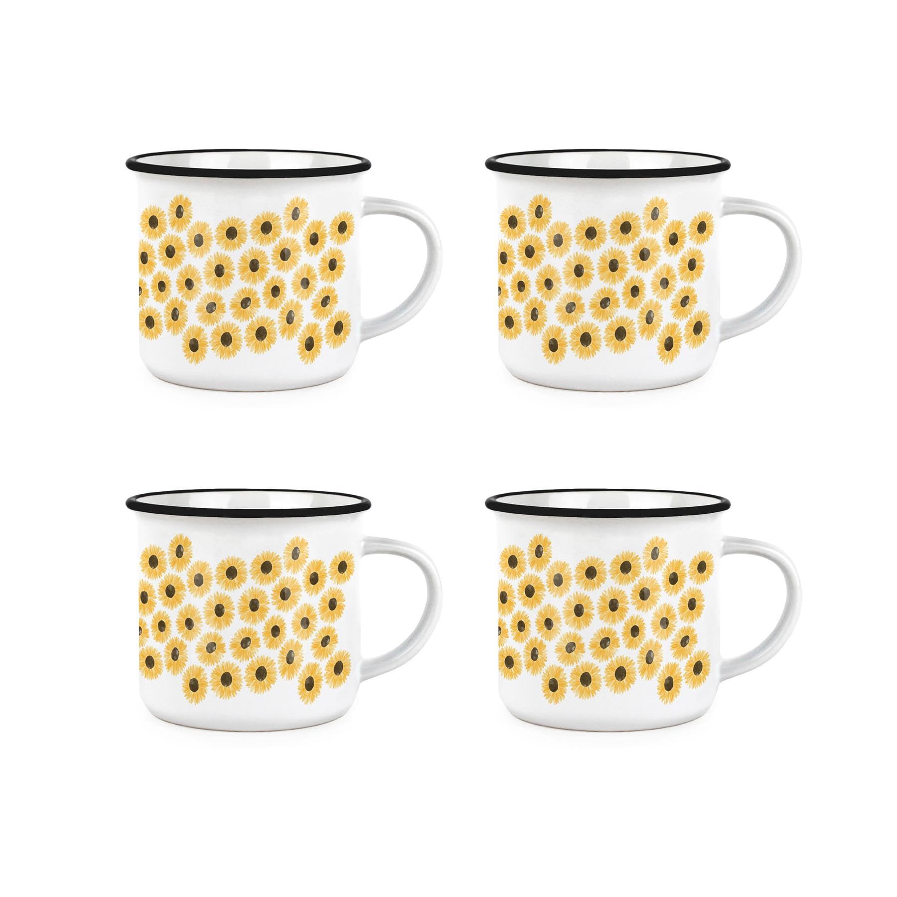Purely Home Sunflowers Mugs Set - Yellow Floral Patterned Enamel-Look Mug Gift/Present - Tea Coffee Hot Drinks Ceramic Cups Set of 4