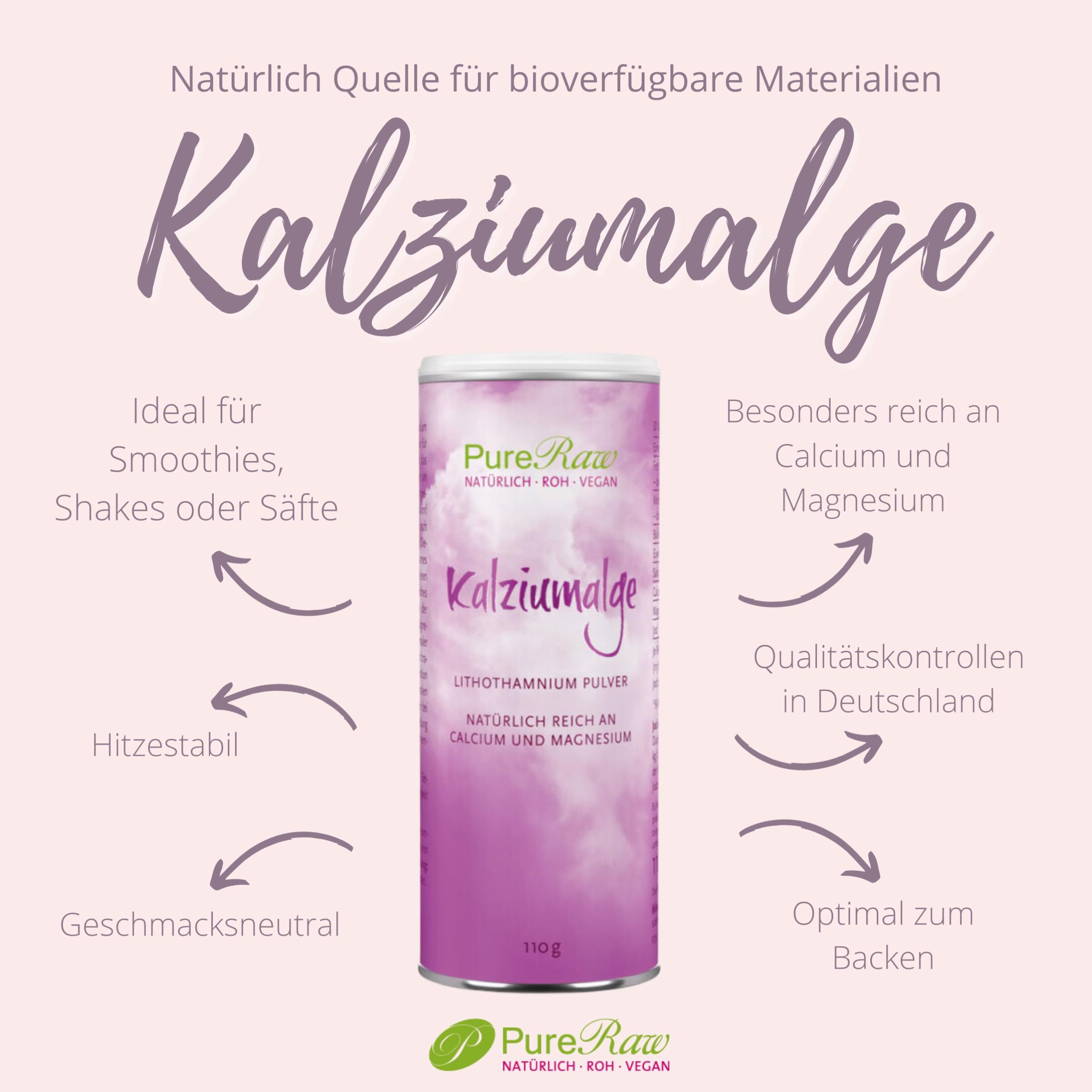 Kalziumalge Natürliches Calcium-Pulver - Kalziumalgenpulver Lithothamnium Calcareum Rotalgen - Bioverfügbare Mineralien Kalzium Magnesium | PureRaw 110g